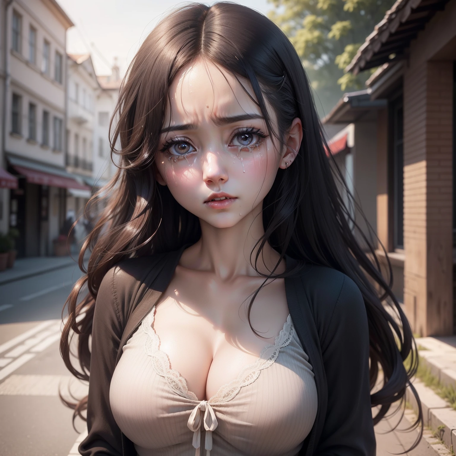 Adult woman with big eyes、Realistic as a photo、She looks diagonally sideways、Receiving overflowing tears with hands、Realistic expression of each hair、Long、disheveled hair、large full breasts、