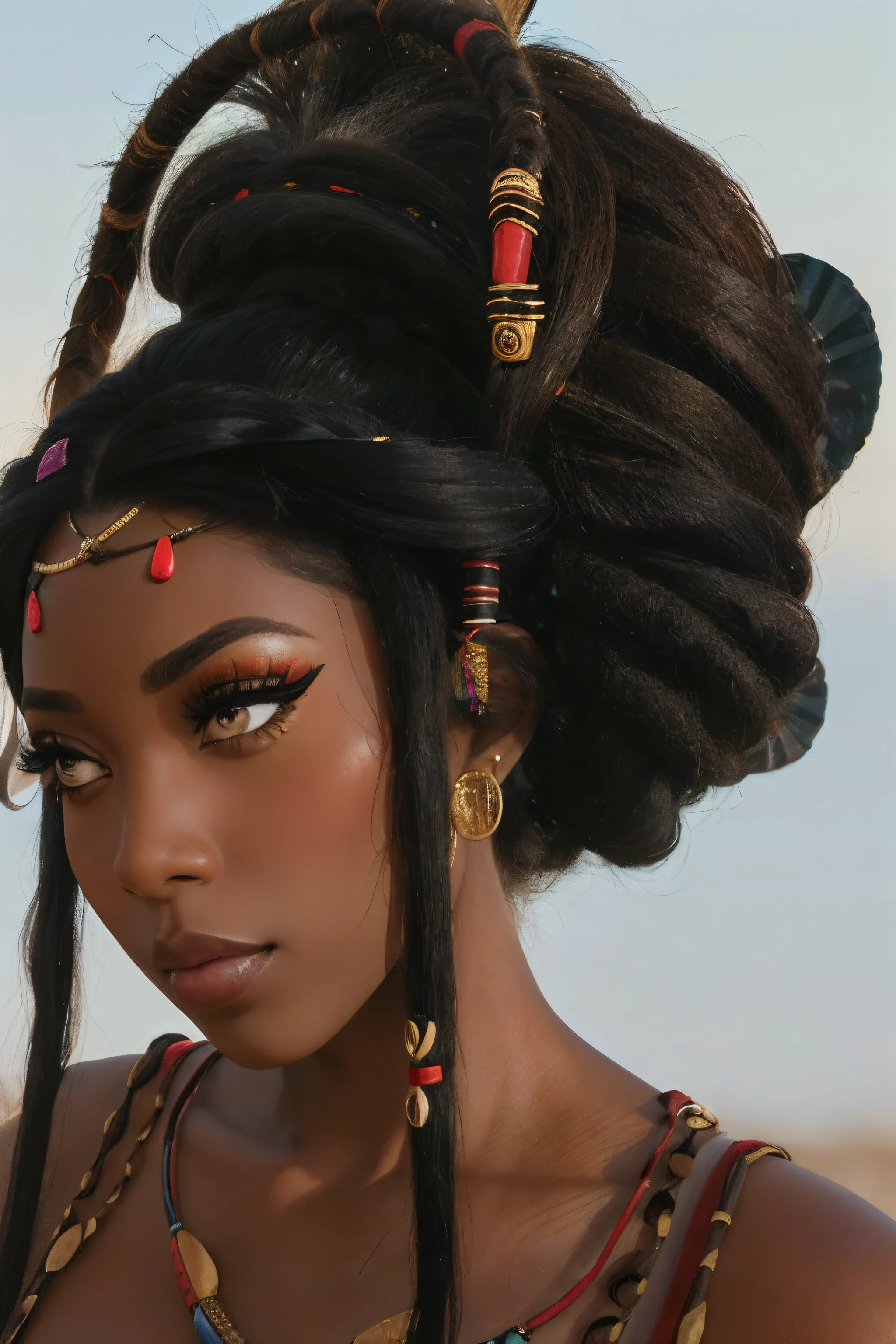 (masterpiece:1.2), (best quality:1.2), perfect eyes, perfect face, perfect lighting, photoshoot, 1girl, mature female wearing SSAHC, SSAHC, dark-skinned, colorful tribal dress, headdress, thick eyelashes, makeup, eyeshadow, medium hair, oasis, desert detailed outdoor background