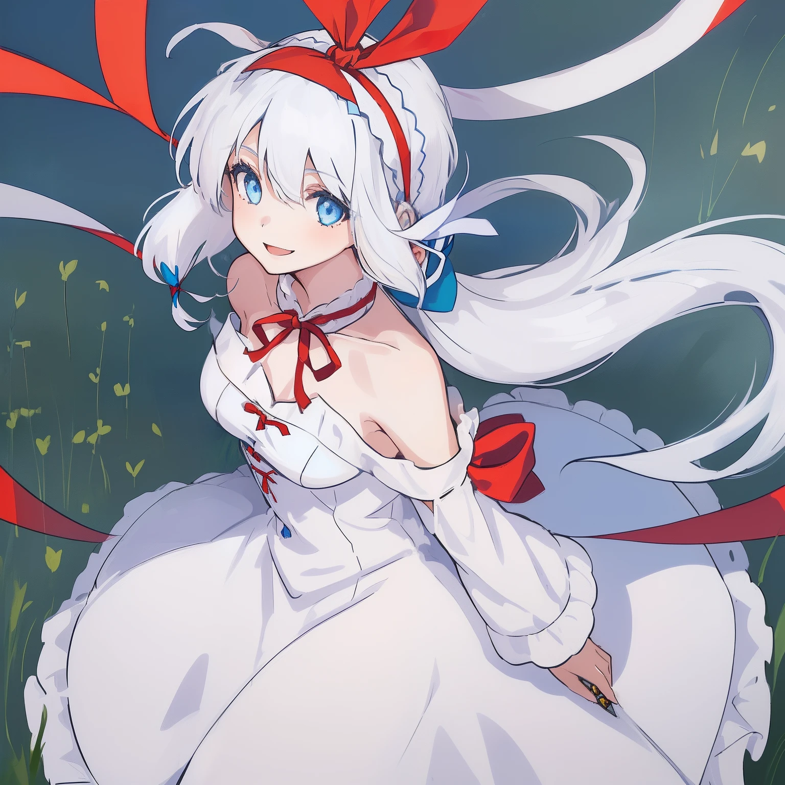((((1 girl)))), ((((solo)))), fullbody, ((((white hair)))), long hair, ((((blue hairband)))), ((((blue eyes)))), happy, smile, 18 year old, dynamic angle, white dress, ((((shoulder cut out)))), ((((bare shoulder)))), soul gem, race, ((((red neck ribbon)))), ((((meadow))))