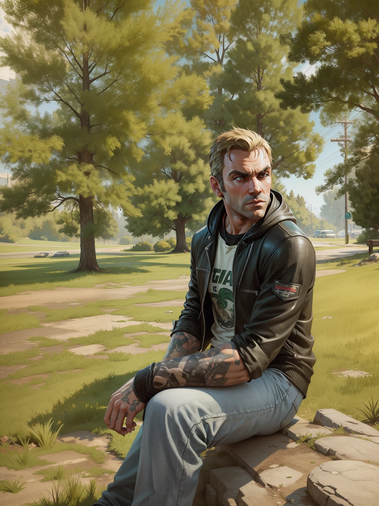(Absurdres, Absurd Amount of Details, Intricate Details, Masterpiece, Best Quality, High Resolution, 8k), (1man), (male:1.2), dreadful face, (older:1.2), aged up, finely detailed eyes and face, slender body, traditional appearance, the physical toll of aging, sense of authority and wisdom, amber skin, seafoam green slicked back undercut hair, light gray eyes, merry face, sitting with one leg pulled up and arms wrapped around it, looking down, single-breasted jacket, picnic spot, shady trees, soft grass, outdoor relaxation, <lora:postapocalypseAI:0.4>, postapoAI, post-apocalyptic , extensive details, finely detailed background, Depth of Field, VFX,