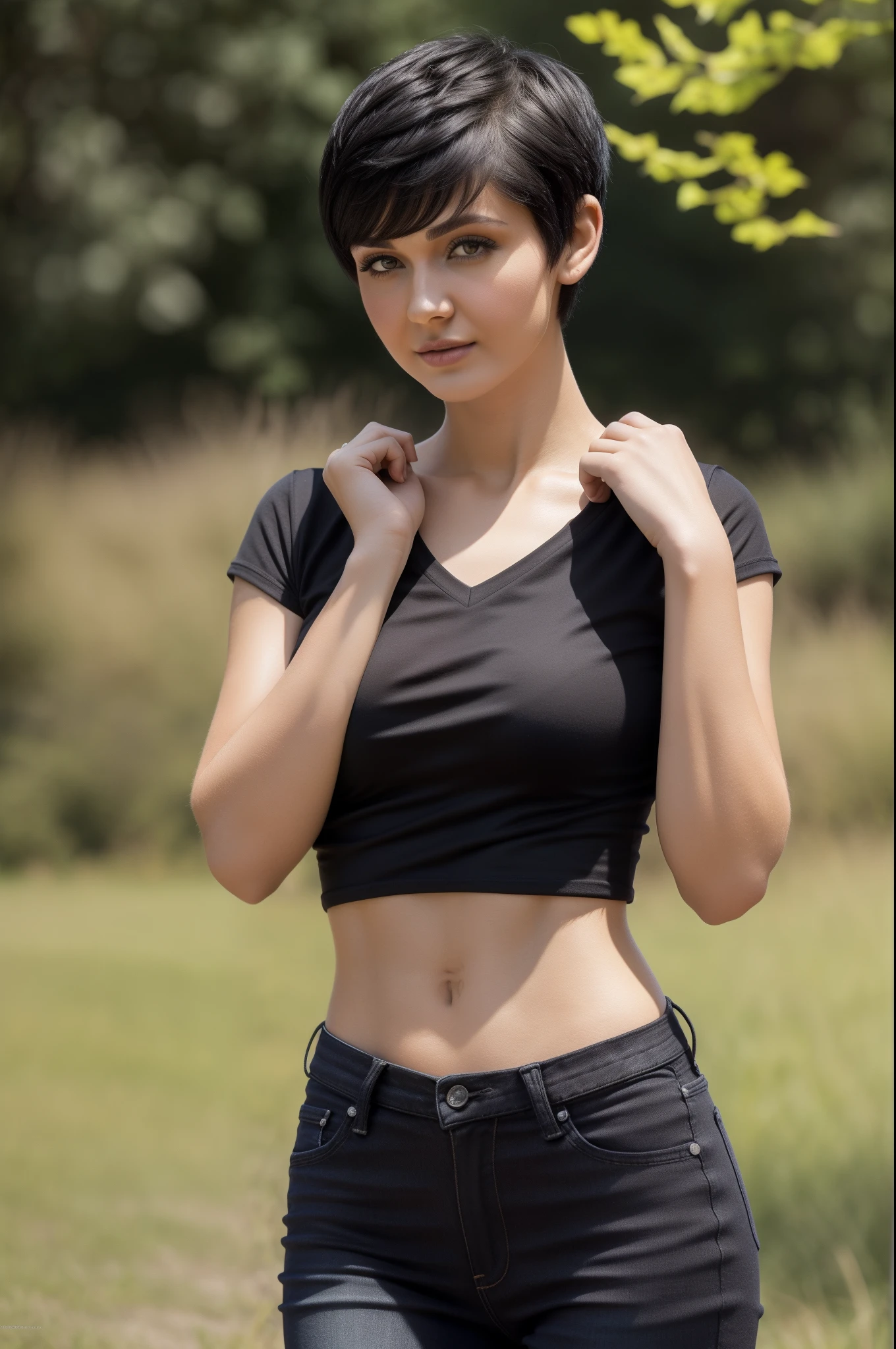 Best quality, 8k, Masterpiece: 1.3, ultra realistic, a close up of a woman in a black dress posing for a picture, short black pixie like hair, anastasia ovchinnikova, black short hair, short black pixie cut hair, with short hair, olga buzova, short black hair, alina ivanchenko, short dark haircut, pixie cut, pixie haircut, julia gorokhova, short dark hair, Masterpiece, (tight v-neck tshirt and low rise jeans), (medium breasts), (perfect body), (short black hair), outside, best quality, ultra high res, Raw photo, bright sunlight,