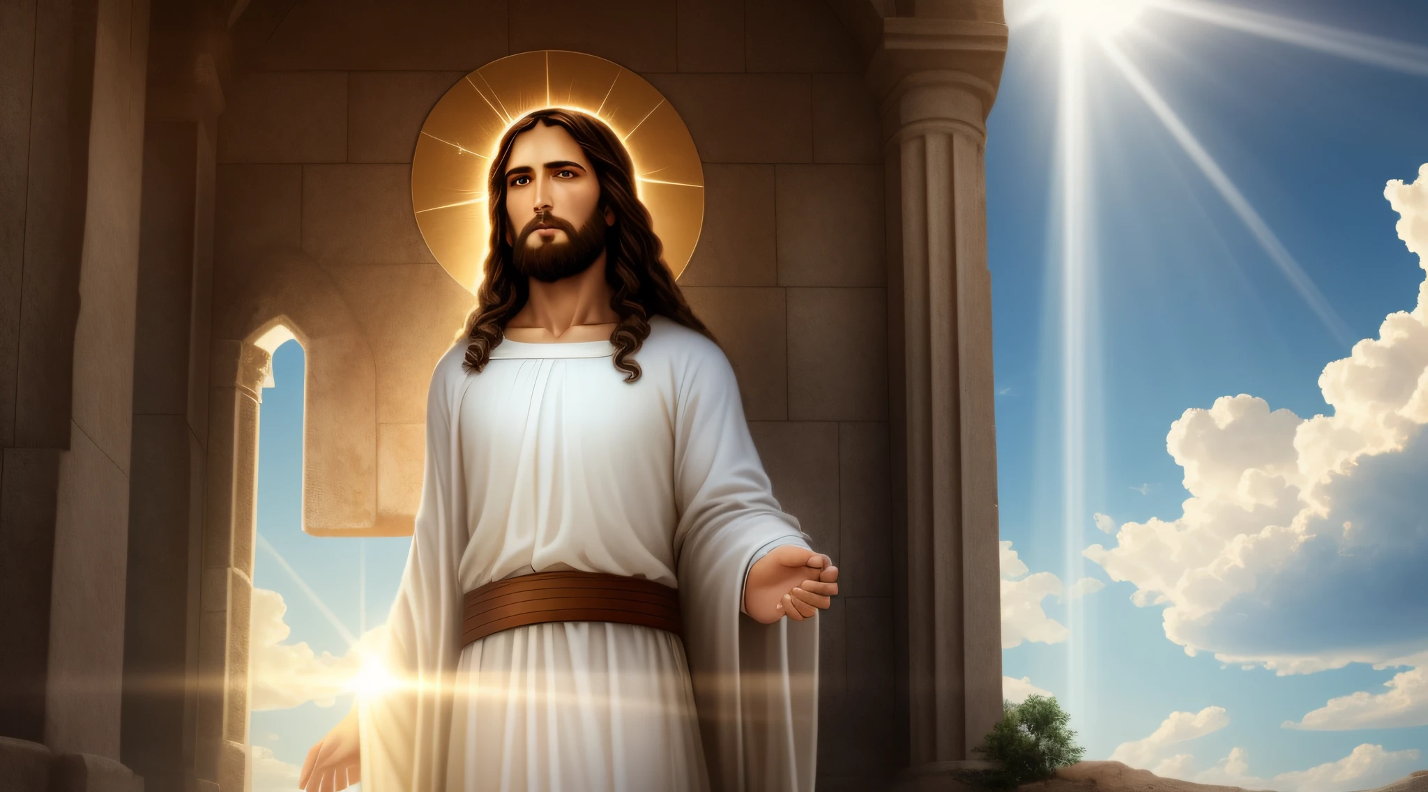 Jesus Christ in humble white clothes in the clouds toward the gates of heaven, insanely realistic with rays of light on his face