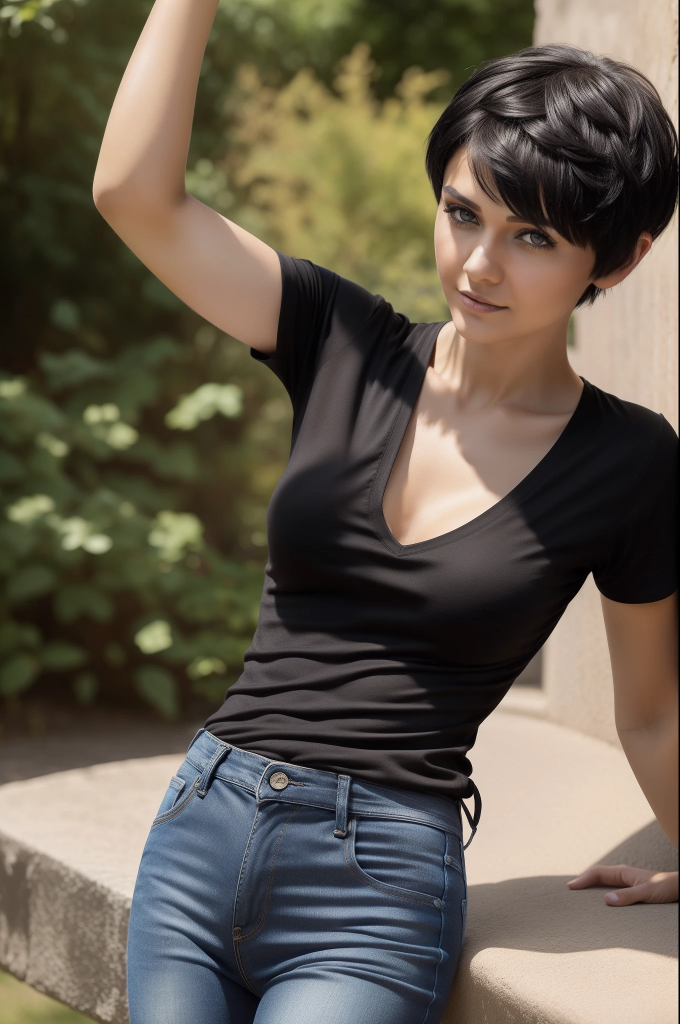 Best quality, 8k, Masterpiece: 1.3, ultra realistic, a close up of a woman in a black dress posing for a picture, short black pixie like hair, anastasia ovchinnikova, black short hair, short black pixie cut hair, with short hair, olga buzova, short black hair, alina ivanchenko, short dark haircut, pixie cut, pixie haircut, julia gorokhova, short dark hair, Masterpiece, (tight v-neck tshirt and low rise jeans), (medium breasts), (perfect body), (short black hair), outside, best quality, ultra high res, Raw photo, bright sunlight,