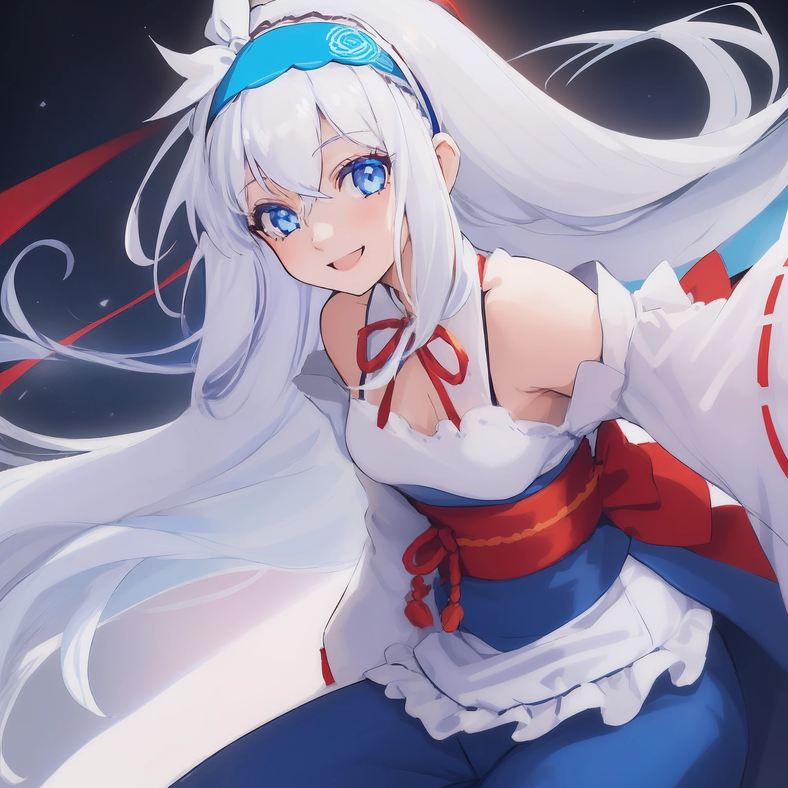 ((((1 girl)))), ((((solo)))), fullbody, ((((white hair)))), long hair, ((((blue hairband)))), ((((blue eyes)))), happy, smile, 18 year old, dynamic angle, off shoulder cut out, japanese sleeve, lace_tee, red ribbon, wide leg pants, in the tokyo, road, night