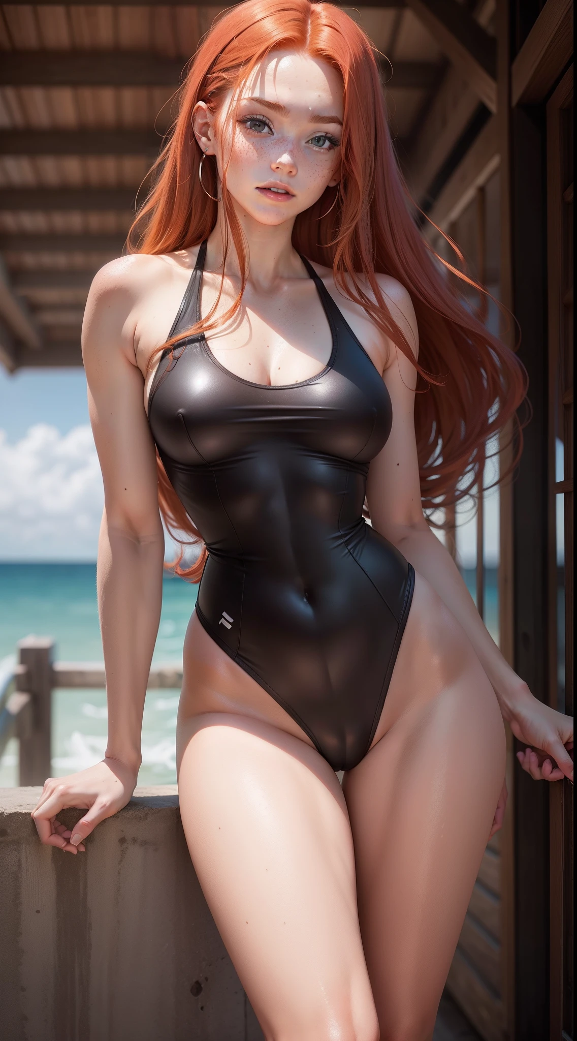 Cute redhead 20-year-old with long flowing hair in a tight ripped black one piece swimsuit , freckles, full body, photorealistic, high definition