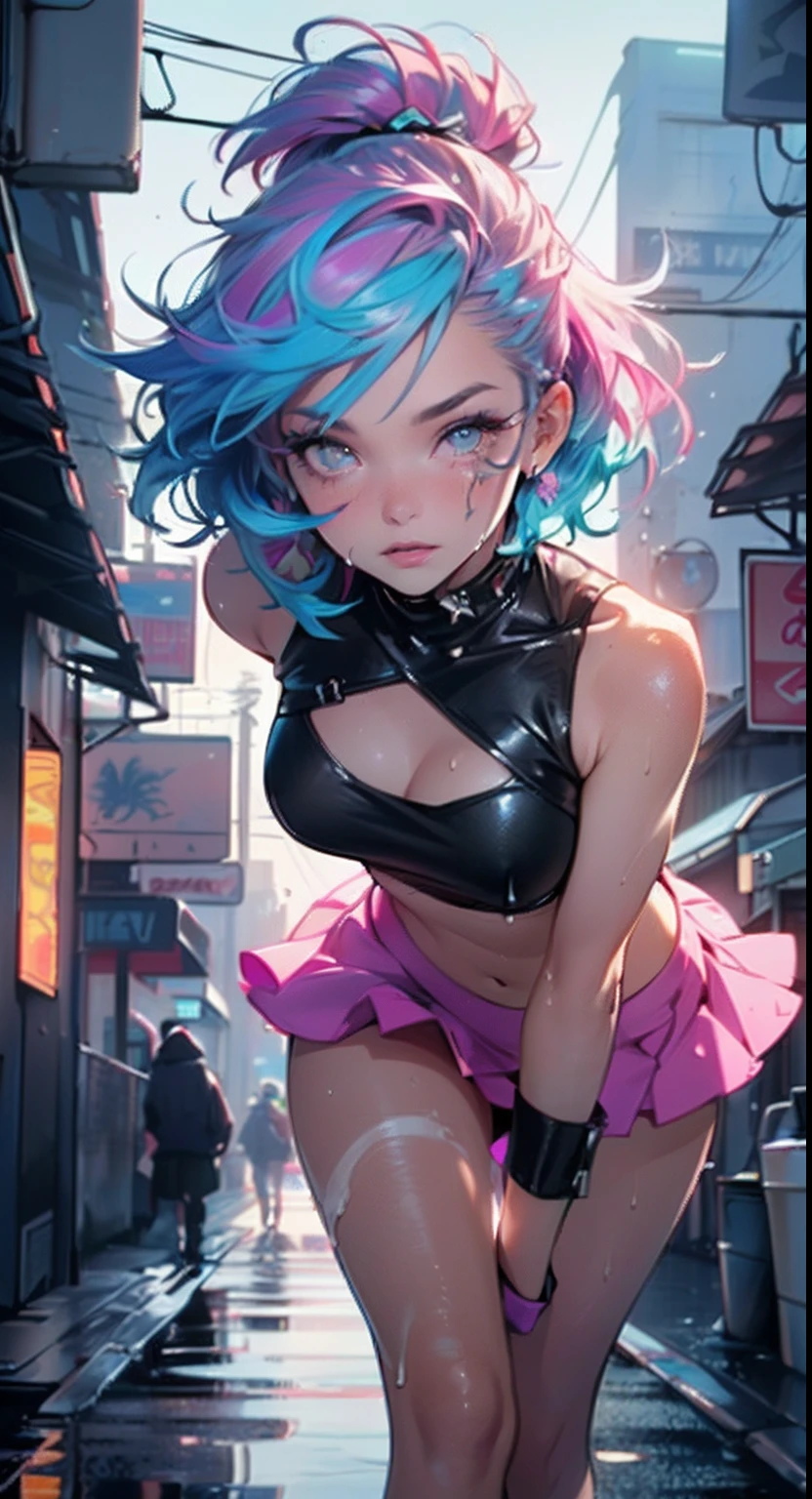 cute cartoon little loli,(((little loli,small tiny body,petite))),(((6 years old))),((extremely cute cartoon girl with liquid paint hair)),

(((flat chest))),(((short hair,liquid paint hair:1.1,neon purple hair|neon pink hair|neon blue hair|neon aqua hair|purple hair|fuchsia hair|fluorescent blue hair|amethyst hair|neon hair|bright pink hair :1.5,bright hair: 1.3,hair made of paint and defies gravity,thick flowing,paint splatter:1.3,shiny hair: 1.3,vibrant colored hair))),((heterochromia:1.5,eye1 purple,eye2 pink,upturned eyes:1.3,perfect eyes,beautiful detailed eyes,finely detailed beautiful eyes:1,symmetrical eyes:1,vibrant color eyes:1.5)),((fat)),(((lustrous skin:1.5,bright skin: 1.5,skin tanned,shiny skin,very shiny skin,shiny body,plastic glitter skin,exaggerated shiny skin,illuminated skin,wet legs))),(delicate detailed fingers,detailed body,human hands),

cute,slutty,seductive,erotic,(((nsfw))),

revealing clothing,show skin,(wearing a Neon color theme clothing:1.3,micro clothes,fluorescent and neon clothing,rave fashion,micro crop top,micro skirt,visible thong straps,accessories LED),((wet clothes,detailed outfit,detailed clothes)),

(dynamic pose:1.0),solo focus,embarrassed,(centered,scale to fit dimensions,Rule of thirds),

cyberpunk city by the ocean at night, with bright neon signs and dark stormy clouds and puddles,

High resolution, sharp focus, (ultra detailed, extremely detailed), (photorealistic artwork:1.37), 8k wallpaper,((synthwave background theme)),((vibrant colors)),(intricate),masterpiece,(best quality),