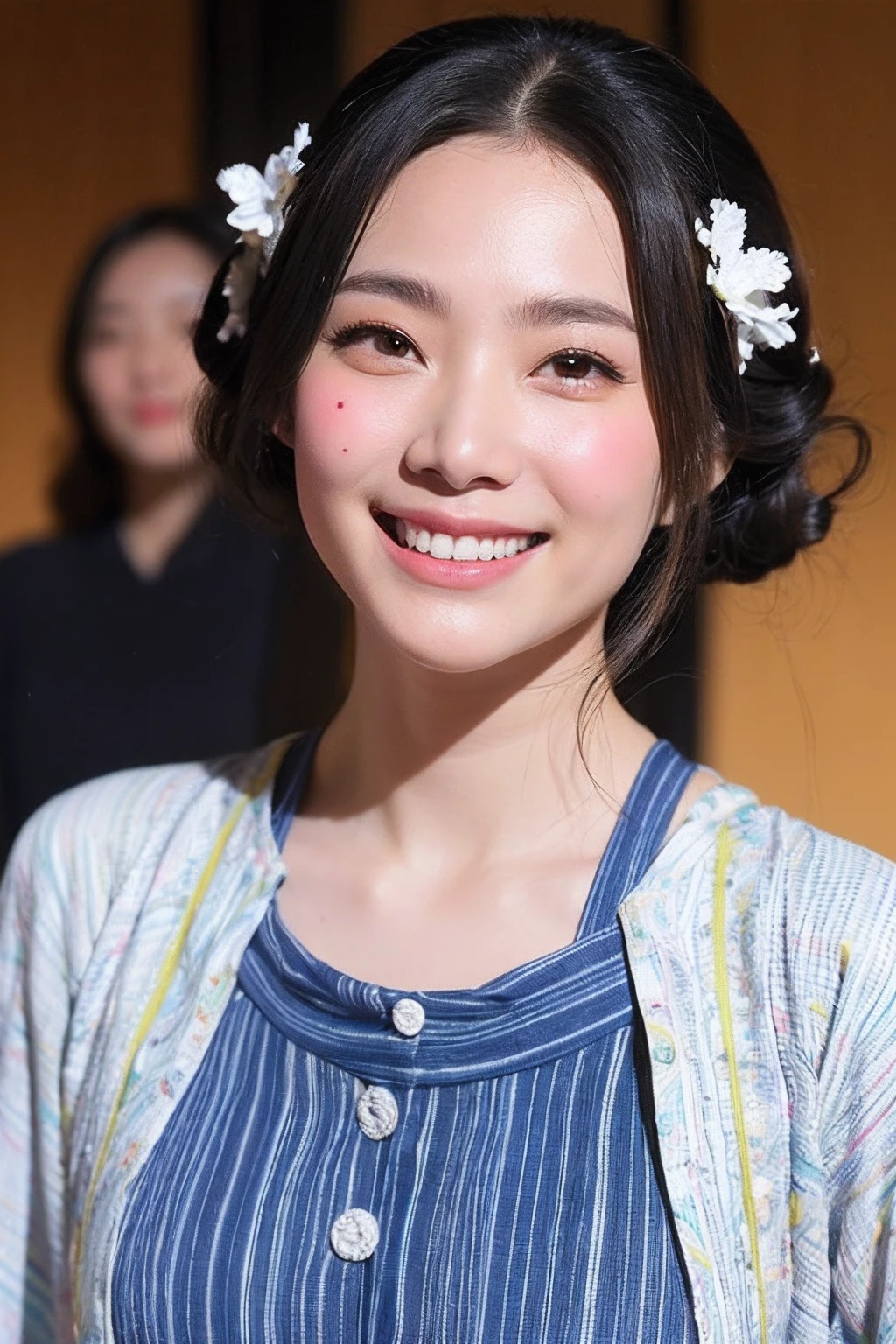 (extra detailed body、extra detailed face、best qualtiy:1.2)、femele、looking at the viewers、(Awa Odori、a smile)、(Koenji in the background:1.4)