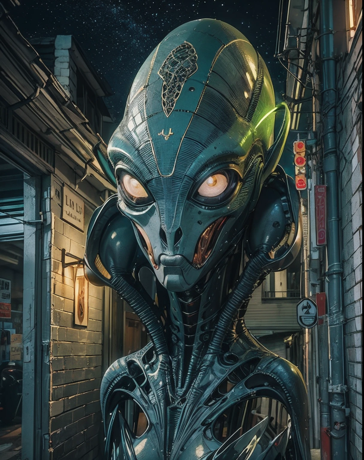 A detailed photo of an alien, detalhes intrincados, big forhead, in the suburbs, Noite, lua cheia, Tiptoe walking, sorrateiro, verde e preto, Futuristic Design, master part, best quality