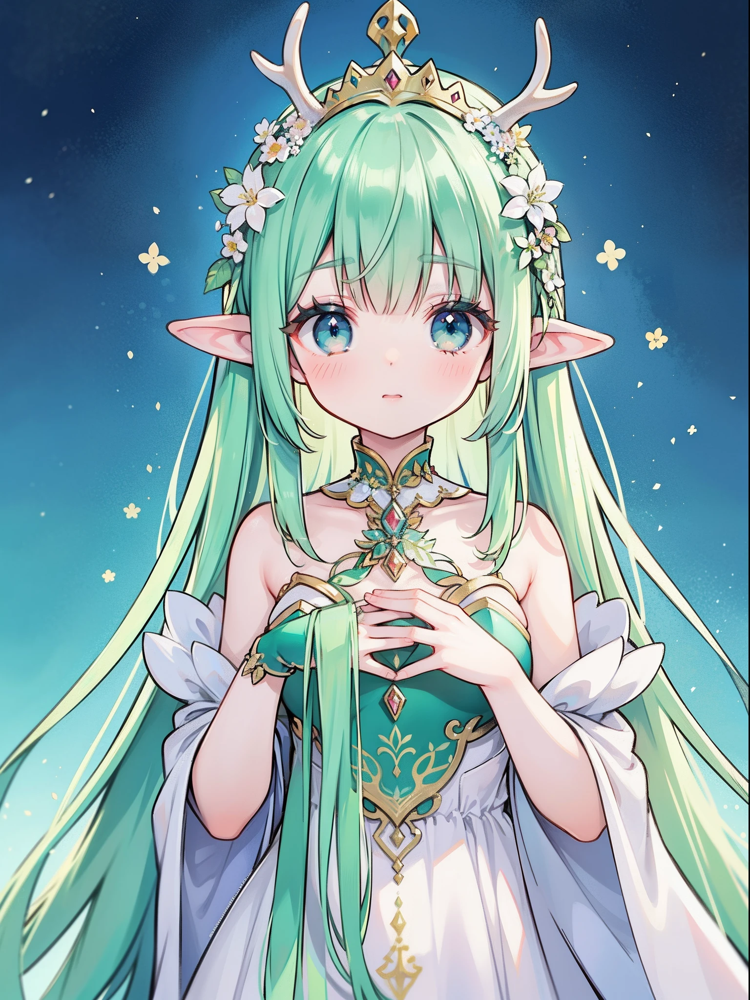 high high quality，tmasterpiece，Delicate facial features，Delicate hair，Delicate eyes，Delicate hair，animemanga girl，deer antlers，green blue color hair，florals, Dreamy style, Fantastic flower garden，fantasy style clothing,Romantic dress,  beautiful and elegant elf queen, a beautiful fantasy empress, Fantasy art style, ((a beautiful fantasy empress)), Anime fantasy illustration, high priestess, fey queen of the summer forest, anime art nouveau, goddess of the forest, portrait of an elf queen, A beautiful artwork illustration，8K high quality detailed art（Delicate facial portrayal）（Fine hair depiction）（highest  quality）（Master masterpieces）（High degree of completion）（a sense of atmosphere）8k wallpaper，tmasterpiece，Best quality at best，ultra - detailed