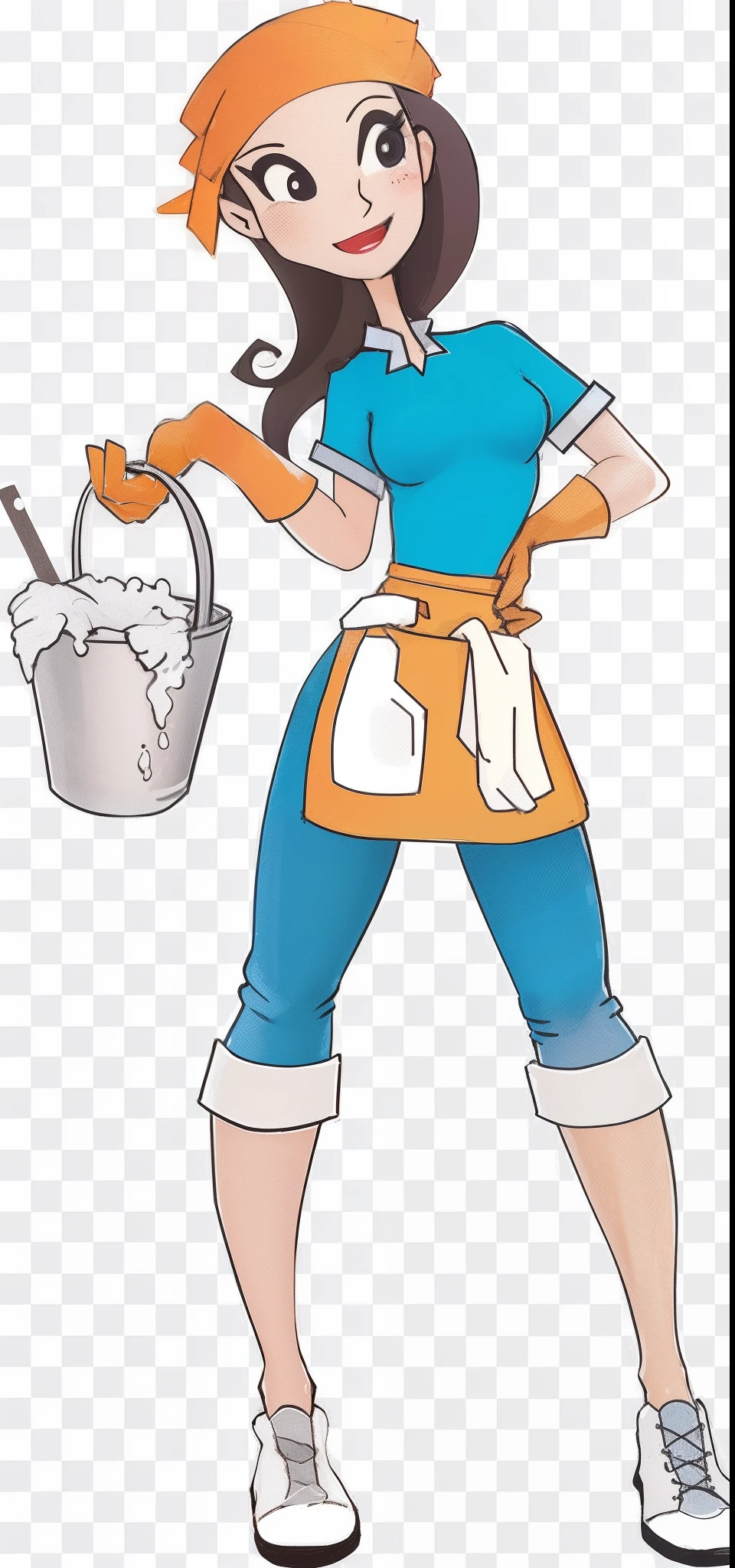 Mulher dos desenhos animados na roupa preta de dourada feliz e segurando um balde de material de limpeza,arte vetorial sombreada cel limpa, Clipart, 2806927615, 2995599206, 3dHD Illustration, imagem mais limpa, Ad image, imagem vazada, extremamente limpo, imagem de corpo inteiro..has a golden crown on the head 3d image. 16k