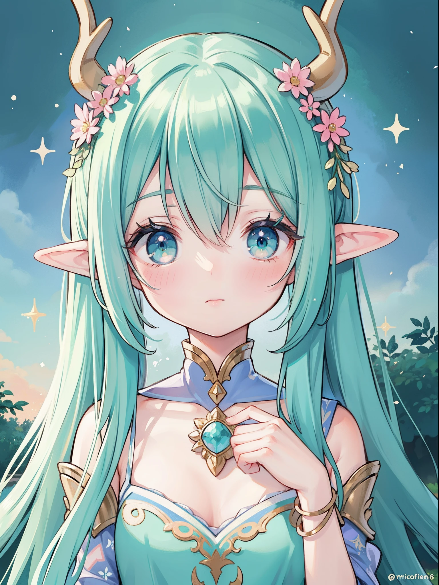 high high quality,tmasterpiece,Delicate facial features,Delicate hair,Delicate eyes,Delicate hair,animemanga girl,deer antlers,green blue color hair,florals, Dreamy style, Fantastic flower garden,fantasy style clothing,Romantic dress, beautiful and elegant elf queen, a beautiful fantasy empress, Fantasy art style, ((a beautiful fantasy empress)), Anime fantasy illustration, high priestess, fey queen of the summer forest, anime art nouveau, goddess of the forest, portrait of an elf queen, A beautiful artwork illustration,8K high quality detailed art(Delicate facial portrayal)(Fine hair depiction)(highest quality)(Master masterpieces)(High degree of completion)(a sense of atmosphere)8k wallpaper,tmasterpiece,Best quality at best,ultra - detailed