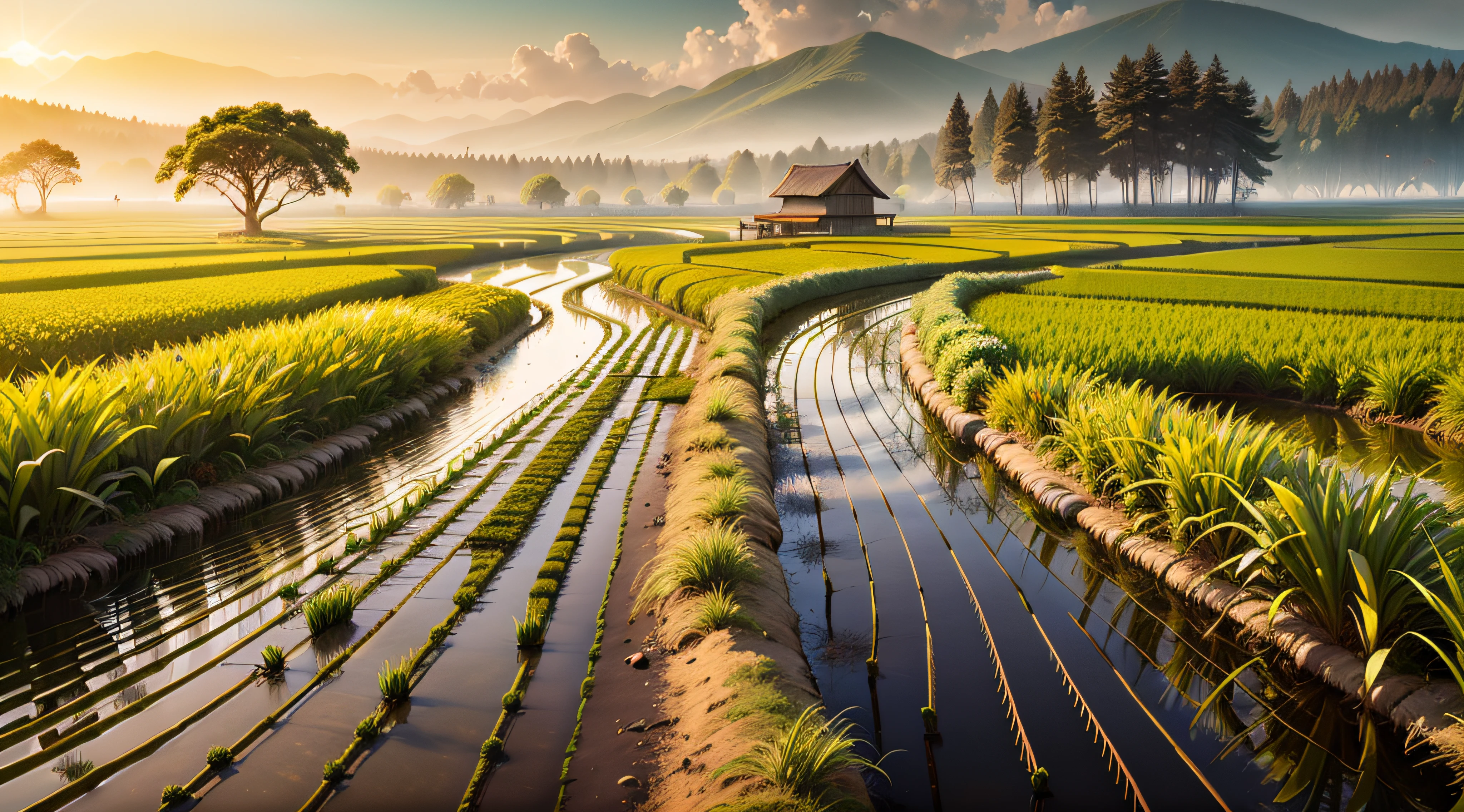 The scenery of the rice fields always gives people a sense of calm and spaciousness, as if soothing the softness of the depths of the soul. On an early morning, the breeze blows and the ears of rice in the rice fields glow golden yellow in the sun, which is a beautiful start.

The ears of rice in the rice fields rise high and sway in the wind, like patches of golden ocean, choppy waves. Under the sunlight, the rice ears feel as dazzling as gold, giving off an intoxicating aroma that makes people feel incomparably beautiful.

In the rice fields, countless farmers are busy working, walking around the fields with hoes, shovels or large baskets on their backs. They worked hard, sweat rolling down their foreheads, stirring up circles of ripples.

There is a small stream in the rice field, the water is clear and transparent, the water is gurgling, quiet and wonderful. By the stream, the lush reeds and weeping willows gently sway, seemingly bringing a sense of vitality and vitality to the stream.

As the sun sets, the ears of rice in the rice fields keep rubbing with the evening breeze, making a rustling sound. In this calm atmosphere, the birds in the rice fields sing nocturnes and the calls of cicadas are heard, giving a sense of tranquility.

As night falls, the scene in the rice fields becomes even more beautiful. In the darkness, the ears of rice stand in the wind, like patches of black ocean, exuding a mysterious aura. In the middle of the rice field, the lights of the farm flicker among the ears of rice, creating a romantic atmosphere for the entire rice field.

In short, the scenery of the rice fields is always full of vitality and beauty of life. Here, you can feel the gift of nature and the essence of life, which makes people feel