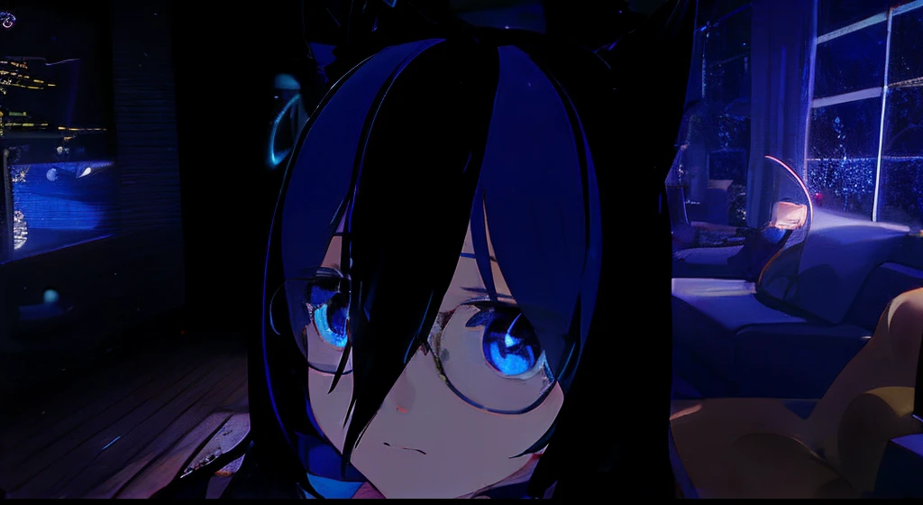 anime character with blue hair and glasses in a dark room, vrchat, anime moe artstyle, with glowing blue lights, anime girl with cat ears, girl with cat ears, sad cerulean eyes, glowing eyes everywhere, blue glowing eyes, blue shining eyes, with glowing eyes, with huge luminous sad eyes, tsuaii, close up of a young anime girl