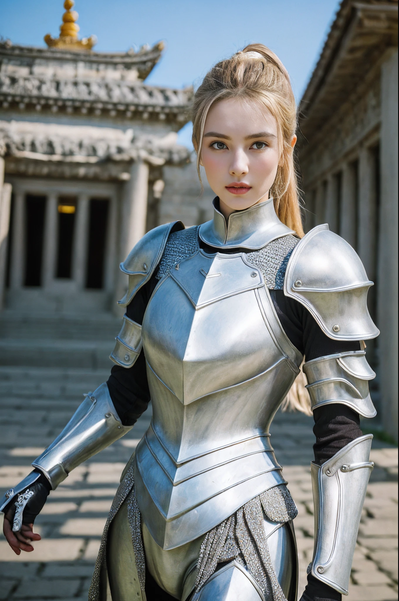 (8K, best quality:1.2), (masterpiece:1.37), (photo, photorealistic:1.37), (ultrahigh-res), full body, walking pose, shot from front, slow motion, female paladin wearing the full body, (light silver armour:1.2),(ornately decorated armor), (insanely detailed, bloom:1.5), (highest quality, Alessandro Casagrande, Greg Rutkowski, Sally Mann, concept art, 4k), (analog:1.2), (high sharpness), (detailed pupils:1.1), detailed face and eyes, Masterpiece, best quality, (highly detailed photo:1.1), (long blonde Hair, ponytail,ecstatic:1.1), (young woman:1.1), sharp, (perfect body:1.1), realistic, real shadow, 3d, (temple background:1.2), (by Michelangelo), photographed by Canan EOS R6, 135mm, 1/1250s, f/2.8, ISO 400