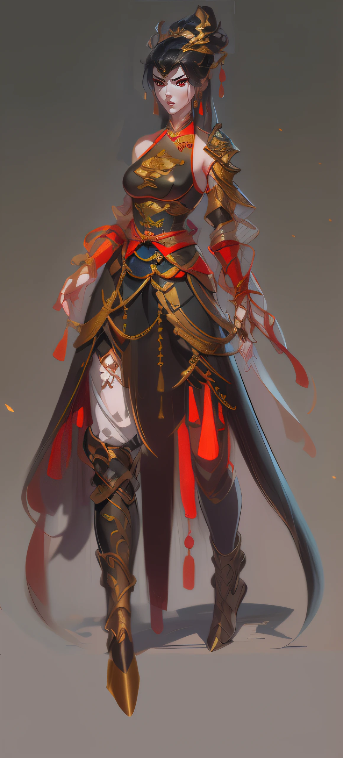 Close-up of a short woman in her 30s, brunette color hair, Dressed in a red and black dress, Red-eyed Chinese queen, Female swordsman, China Princess, Standing in a Chinese temple, new costume concept design, In the style of blade and soul, full body character concept, Detailed character design, inspired by Yang Jin, inspired by Li Mei-shu, lunar themed attire, Low-cut clothing, golden outfit, inspired by Ju Lian, colored concept art, Highly detailed character design, Highly detailed face, Inspired by Ai Xuan, very highly detailed face, unreal engine rendered, final fantasy 14 style
