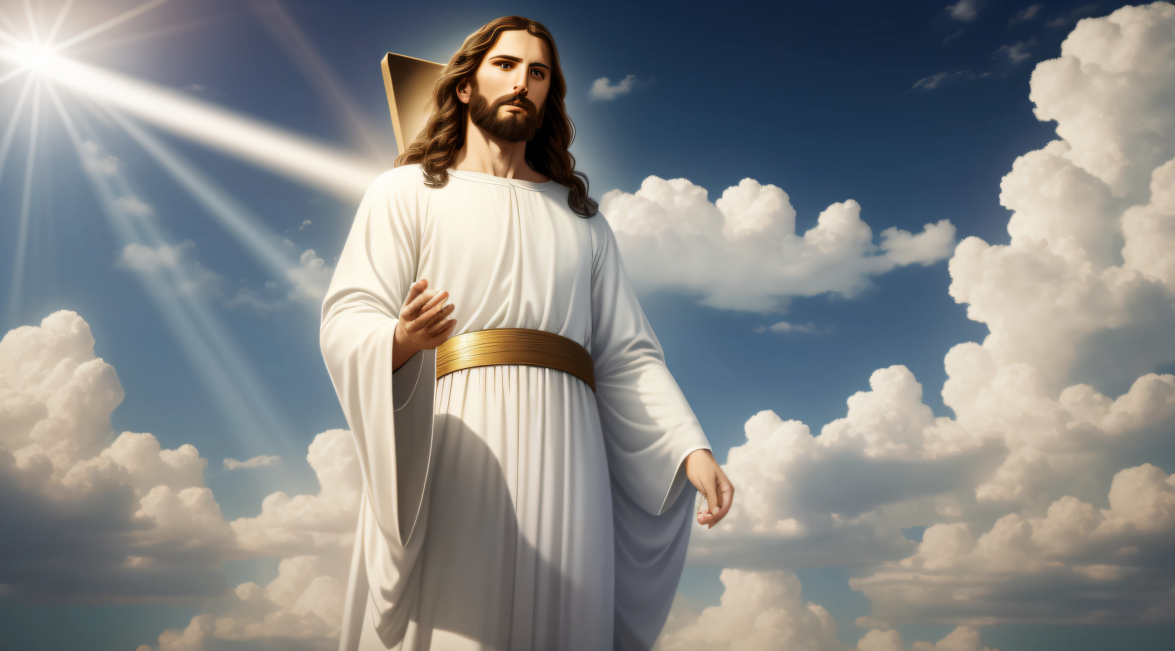 Jesus Christ in humble white clothes in the clouds toward the gates of heaven, insanely realistic with rays of light on his face