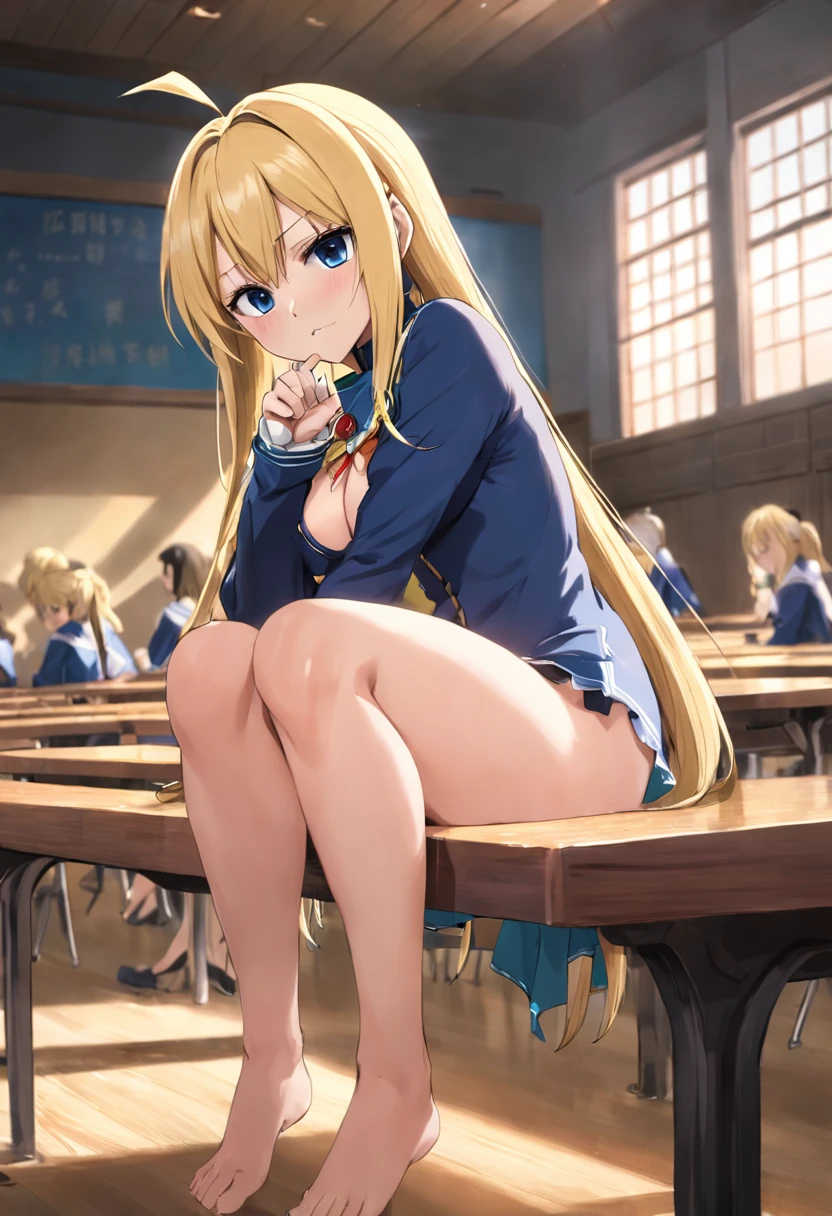 NSFW Lucy Heartfilia has long blonde hair and has large breasts She is completely naked in a high school classroom She is sitting on top of a table and her legs are apart\s