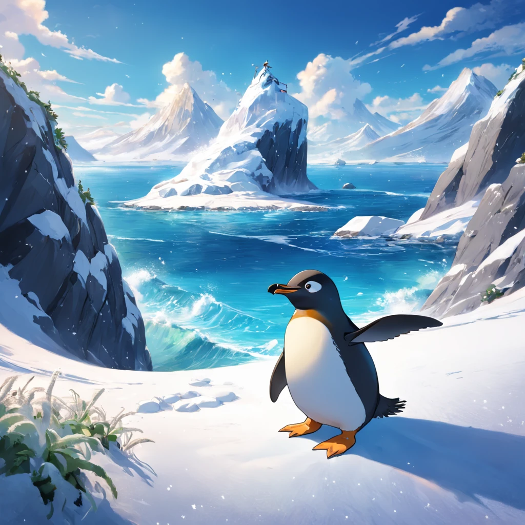 Snow-covered island, lived, small penguin, Pedro, curious, full of energy, eager, new adventures, played, penguin friends, icy beach, slid on bellies, dove into cold ocean.