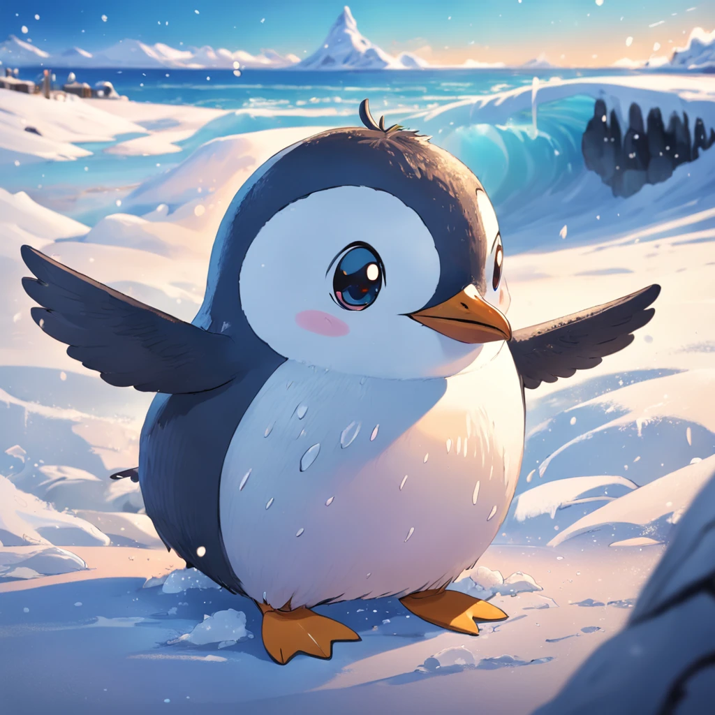 Snow-covered island, lived, small penguin, Pedro, curious, full of energy, eager, new adventures, played, penguin friends, icy beach, slid on bellies, dove into cold ocean.