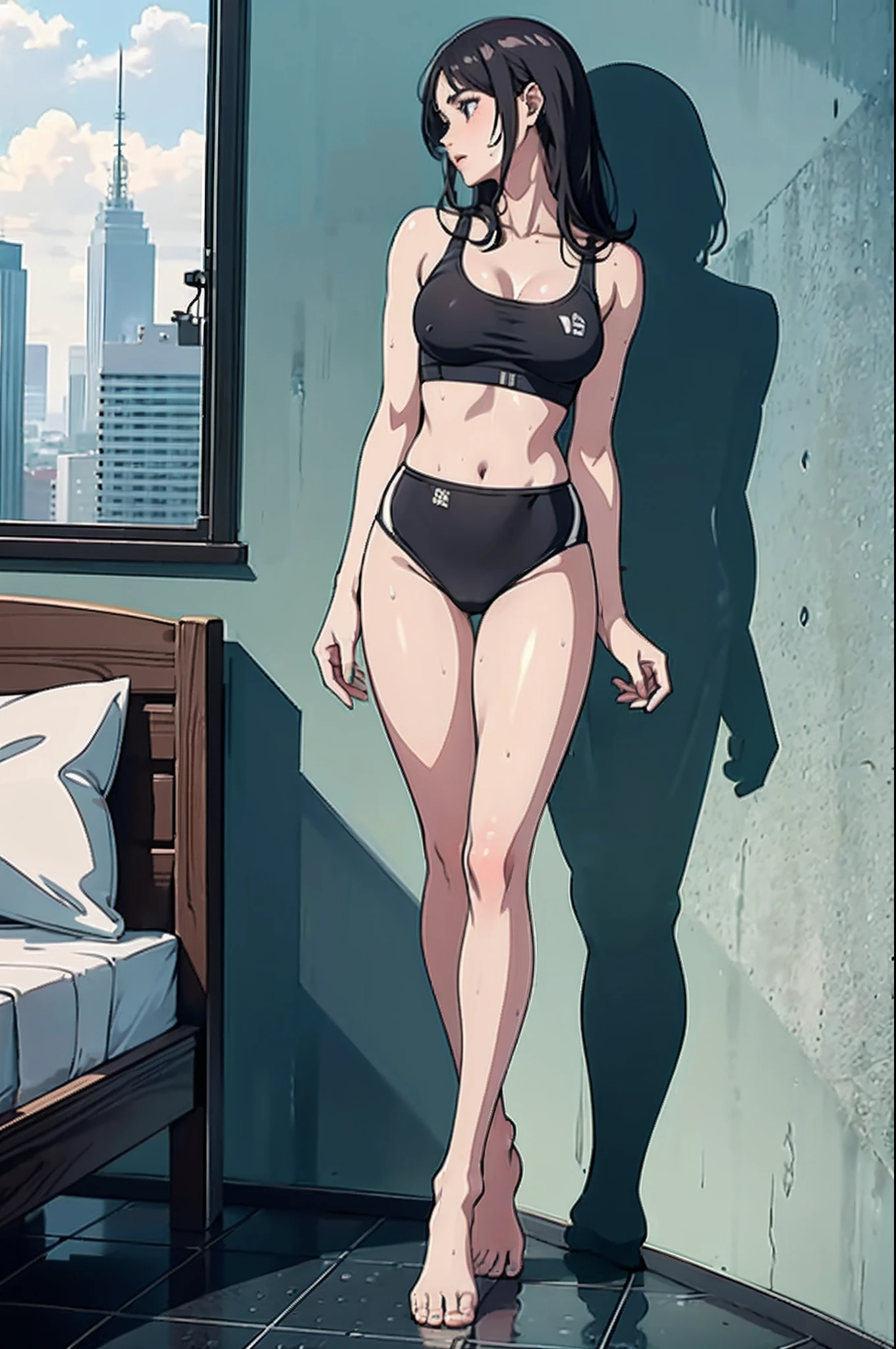 4k highly detailed realistic ((full body including legs)) photo of beautiful 18 year old Anglo-Saxon sweaty girl with ((sharp jawline)) and perky tits, in wet clothes standing by the bedroom window in a tall building with white walls in a wet sports bra with a deep neckline