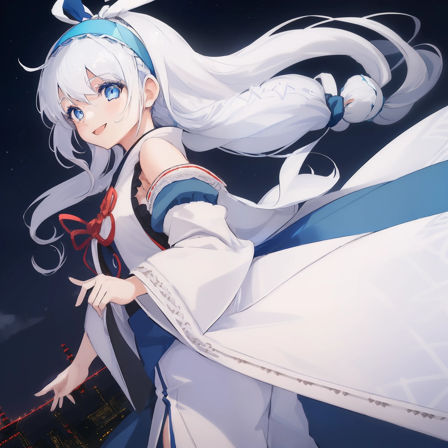 ((((1 girl)))), ((((solo)))), fullbody, ((((white hair)))), long hair, ((((blue hairband)))), ((((blue eyes)))), happy, smile, 18 year old, dynamic angle, shoulder cut out, japanese sleeve, lace_tee, red ribbon, wide leg pants, in the tokyo, road, night
