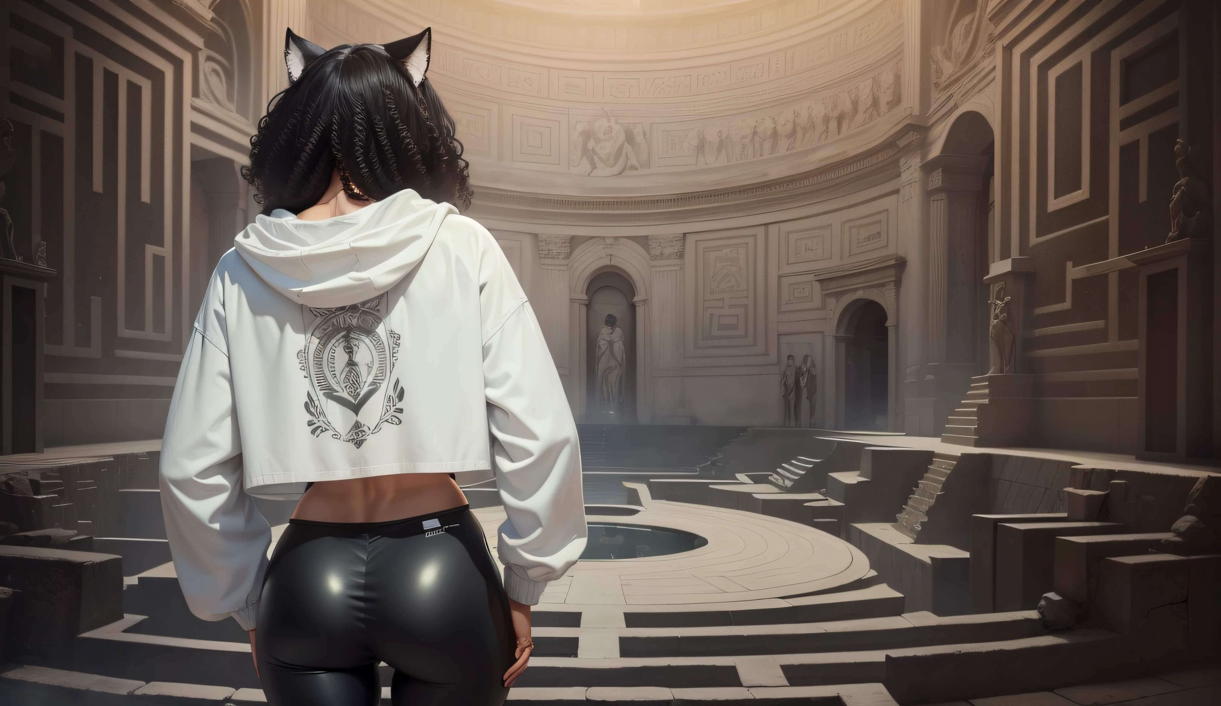 Black girl with cat head and curly afro hair cat ear, vista de costas vestindo um cropped agasalho com touca branco, black legging pants, de frente para um intrinseco labirinto, templo mistico, Magic Labyrinth, equipamentos de tecnologia, sci-fi, estatuas egipicias, deuses egipicios, estatuas gigantes, monumentos enormes, poeira no ar, ray light, egito 2700 s, egito futurista, egito futuro, Advanced pyramids