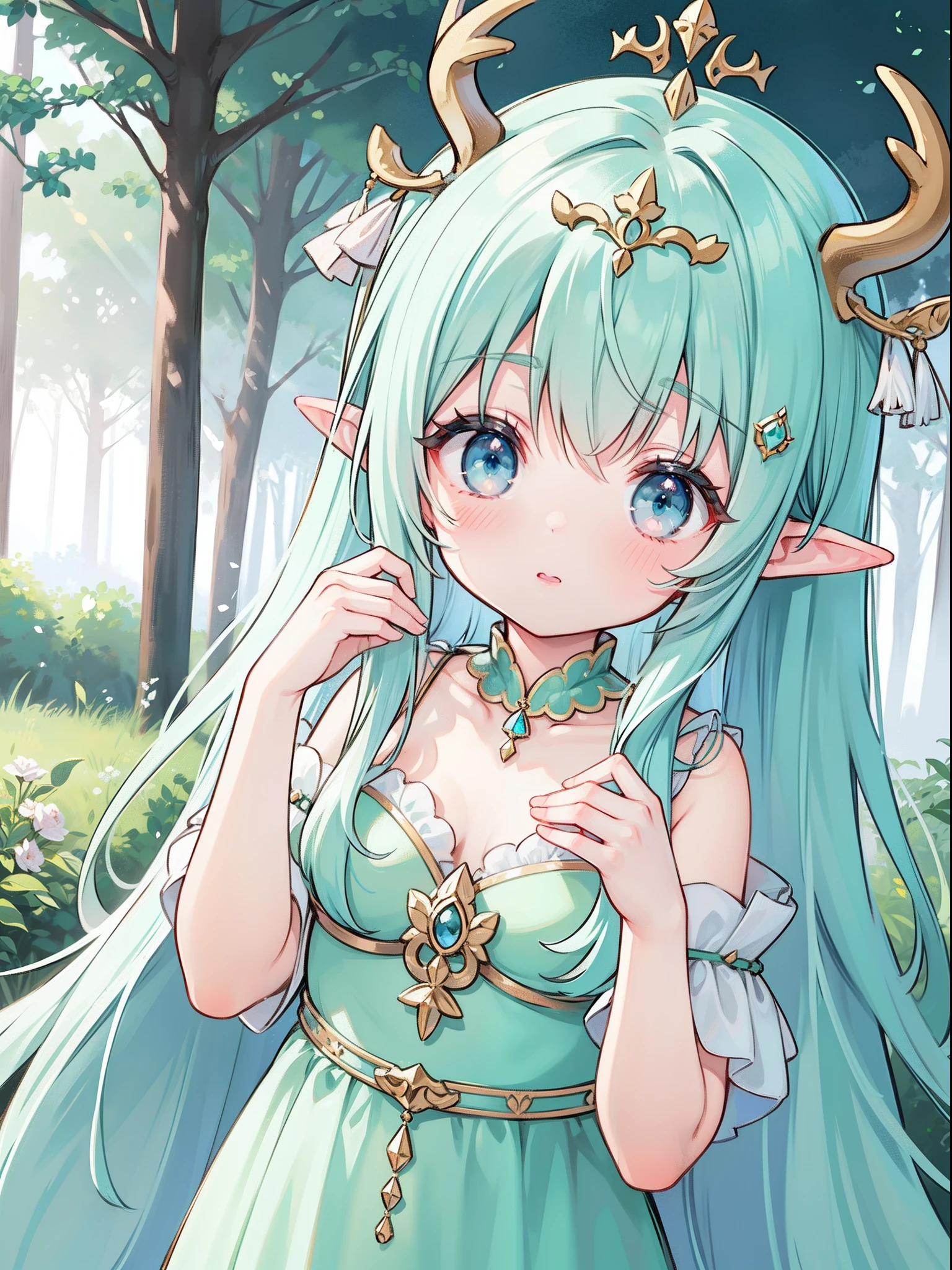 high high quality,tmasterpiece,Delicate facial features,Delicate hair,Delicate eyes,Delicate hair,animemanga girl,deer antlers,green blue color hair,florals, Dreamy style, Fantastic flower garden,fantasy style clothing,Romantic dress, beautiful and elegant elf queen, a beautiful fantasy empress, Fantasy art style, ((a beautiful fantasy empress)), Anime fantasy illustration, high priestess, fey queen of the summer forest, anime art nouveau, goddess of the forest, portrait of an elf queen, A beautiful artwork illustration,8K high quality detailed art(Delicate facial portrayal)(Fine hair depiction)(highest quality)(Master masterpieces)(High degree of completion)(a sense of atmosphere)8k wallpaper,tmasterpiece,Best quality at best,ultra - detailed