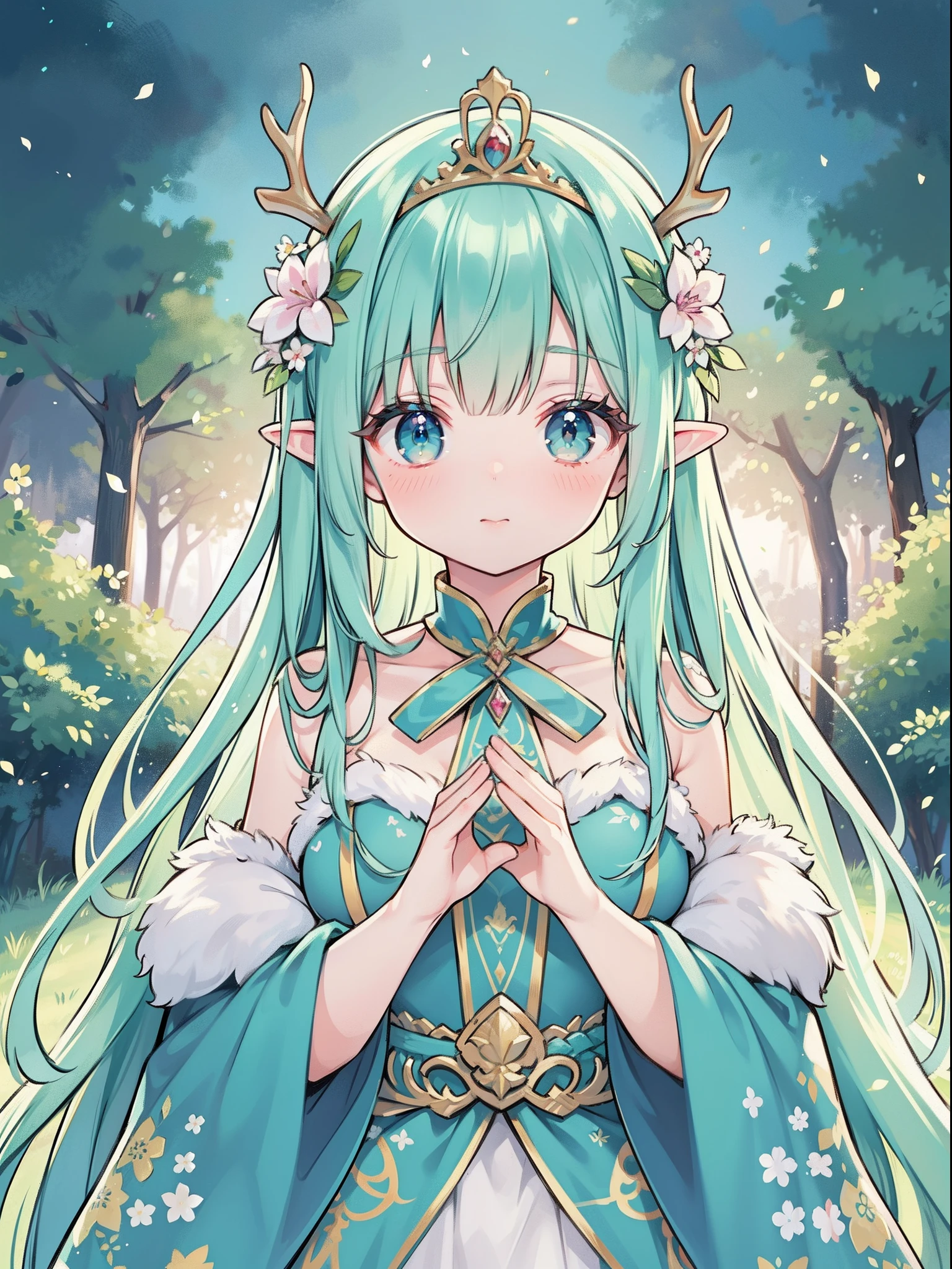 high high quality,tmasterpiece,Delicate facial features,Delicate hair,Delicate eyes,Delicate hair,animemanga girl,deer antlers,green blue color hair,florals, Dreamy style, Fantastic flower garden,fantasy style clothing,Romantic dress, beautiful and elegant elf queen, a beautiful fantasy empress, Fantasy art style, ((a beautiful fantasy empress)), Anime fantasy illustration, high priestess, fey queen of the summer forest, anime art nouveau, goddess of the forest, portrait of an elf queen, A beautiful artwork illustration,8K high quality detailed art(Delicate facial portrayal)(Fine hair depiction)(highest quality)(Master masterpieces)(High degree of completion)(a sense of atmosphere)8k wallpaper,tmasterpiece,Best quality at best,ultra - detailed