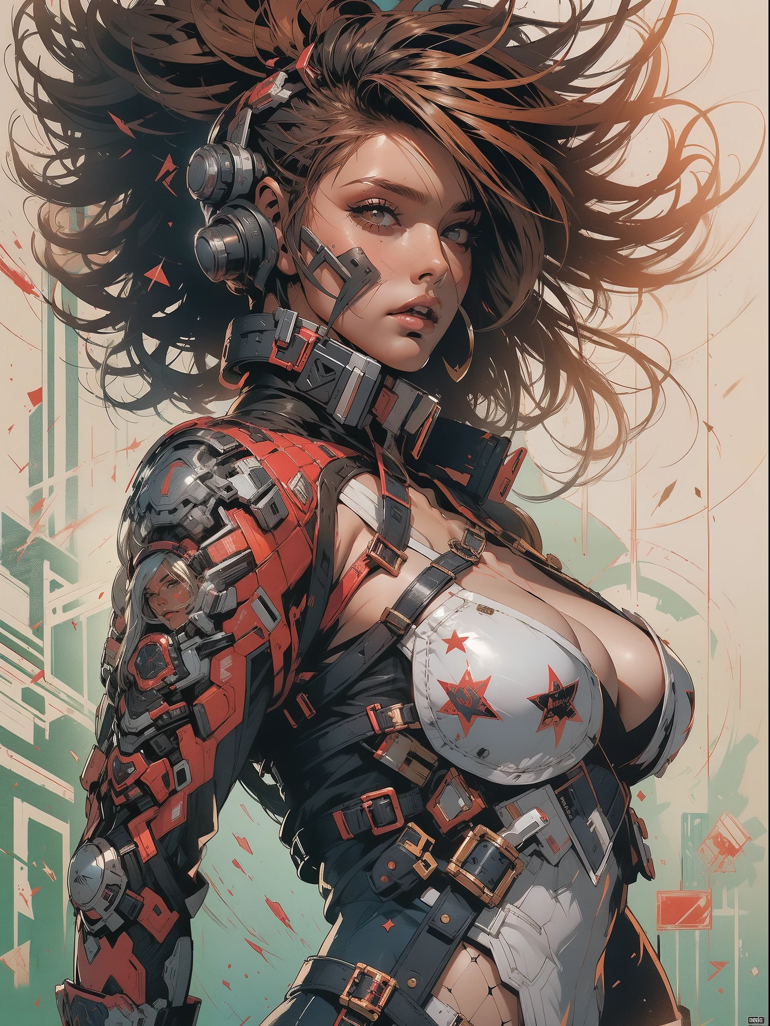 (((mulher))), (((melhor qualidade))), (((obra prima))), (((adulto))), (((1girl))), ((( corte de cabelo bob ))), Uma gladiadora cyberpunk mulher de 25 anos com corpo perfeito, shoulder pads with metal spines, Gladiadores do Brooklyn, (( corte de cabelo bob )), tiny leather panties, camiseta de time de rugby rasgada, quase nua no estilo selvagem urbano de Simon Bisley para a capa da revista Heavy Metal, Cabelo loiro curto, Minimum clothing, Metal protection on the left arm with intricate graphics, Dark red with white stars and white and navy blue checkerboard pattern, armadura, cheio de pontas e rebites, (((do joelho pra cima))), cabelos loiro branco curto, no fundo uma parede pintada por Shepard Fairey com um design intrincado