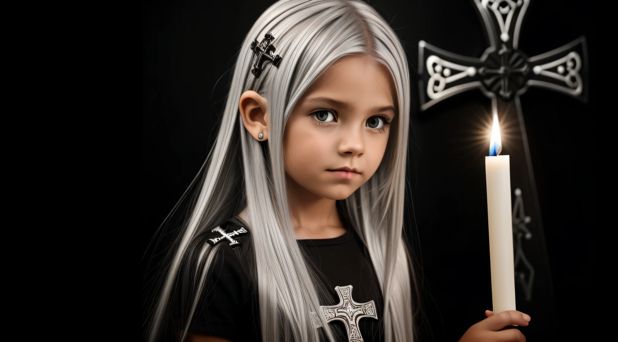 SILVER HAIR S CABELO LONGO, Gothic cross, cruz, CROSSES WITH LIT CANDLES in hand.