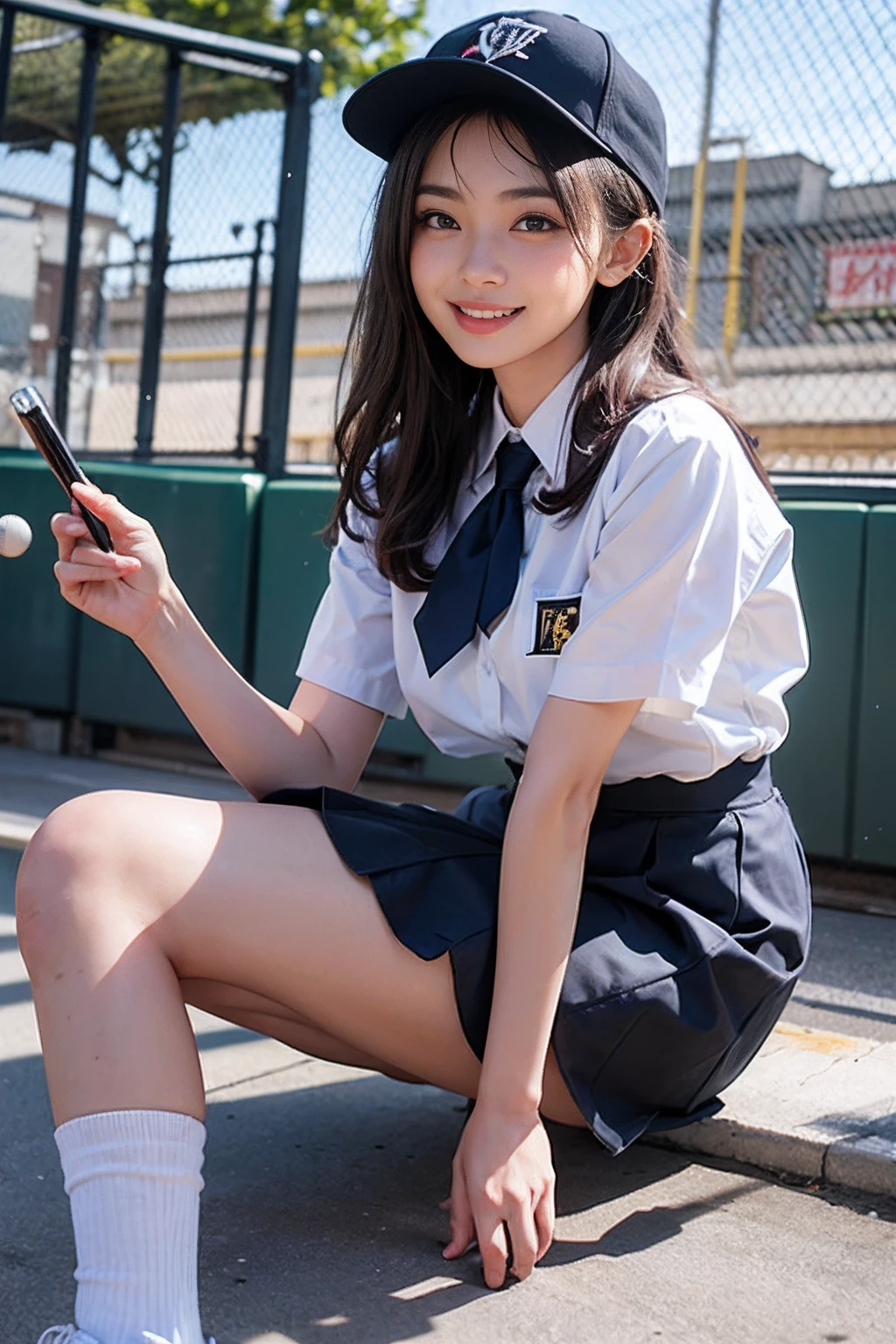 (​masterpiece)、(top-quality: 1.4)、absurderes、[:intricate-detail: 0.2]、１girl with、Happiness、Bursting smile、************、a beauty girl、japanes、high-school uniform、Baseball Cap、School Ties、White blouse with short sleeves、Checked pleated skirt、White ankle socks、lowfers、baseball field、perspiring、holding an open notebook