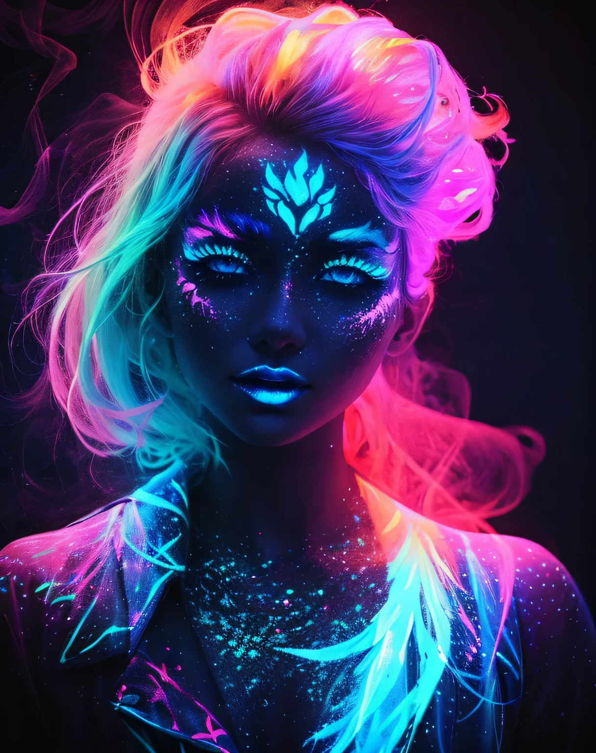 Blacklight painted on a girls face, close up , glowing eyes ,beautiful ,very beautiful,