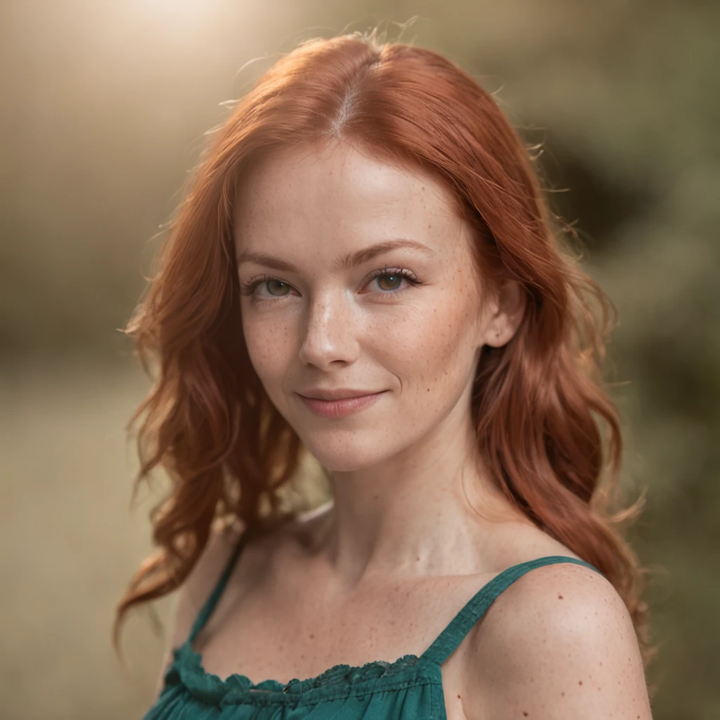 Full body photography, Wide shot, full body front view ,jennifer, a Scottish woman, red-haired, freckled, in her 40s, the most beautiful smile and secutive eyes, Bright colors, ultra accurate details, kodak portra 400, Beautiful lighting, RAW photo, 8k uhd, film grain.