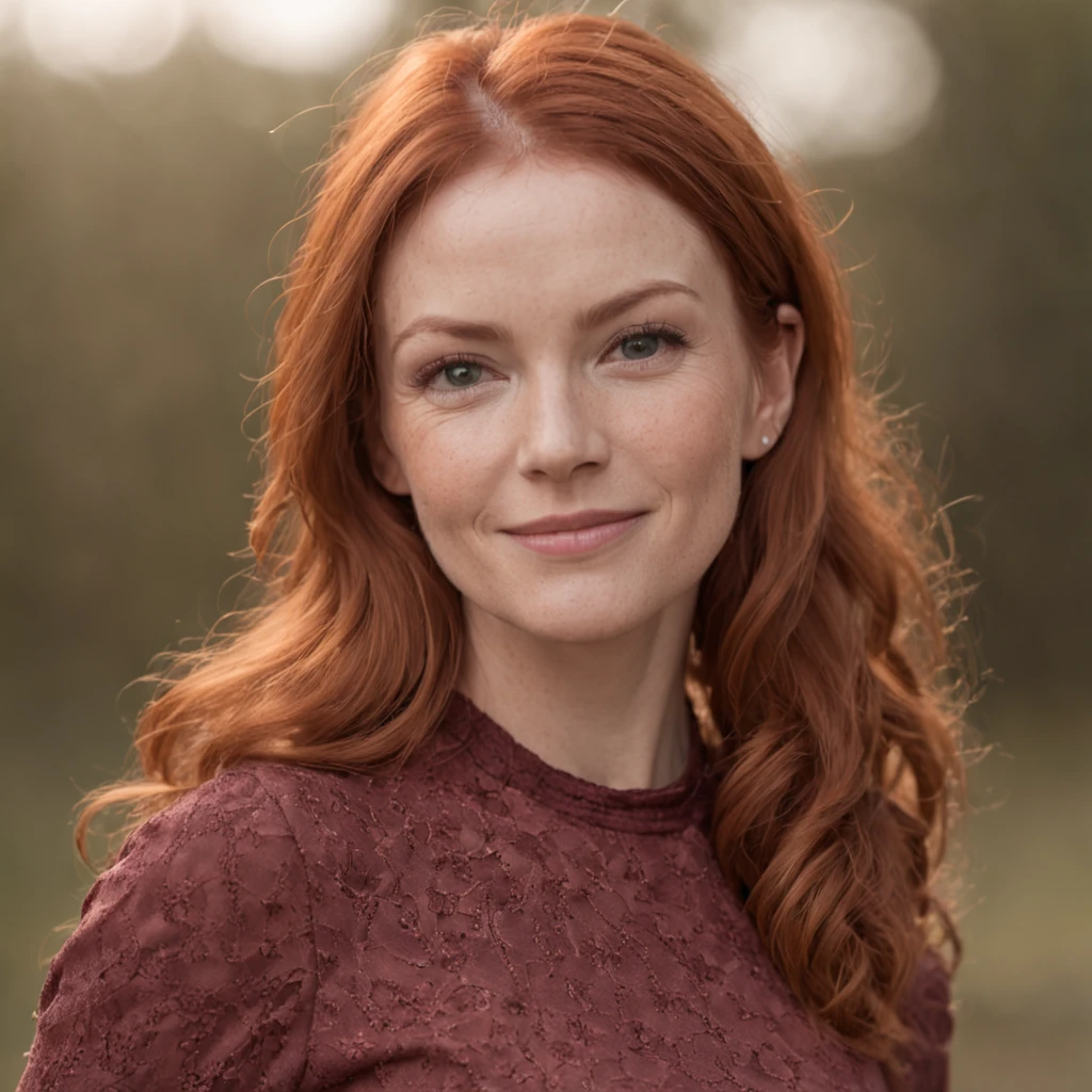 Full body photography, Wide shot, full body front view ,jennifer, a Scottish woman, red-haired, freckled, in her 40s, the most beautiful smile and secutive eyes, Bright colors, ultra accurate details, kodak portra 400, Beautiful lighting, RAW photo, 8k uhd, film grain.
