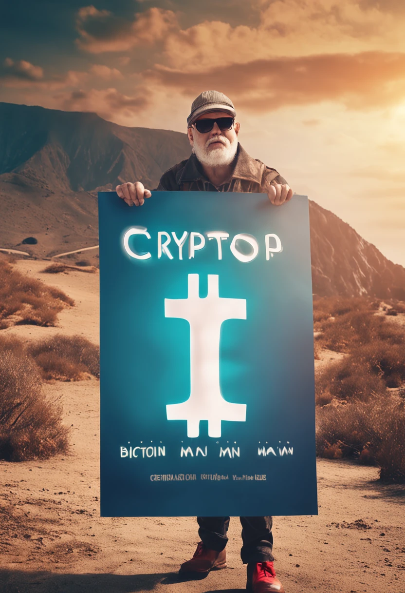 Crypto bitcoin man holds a white sign in the front