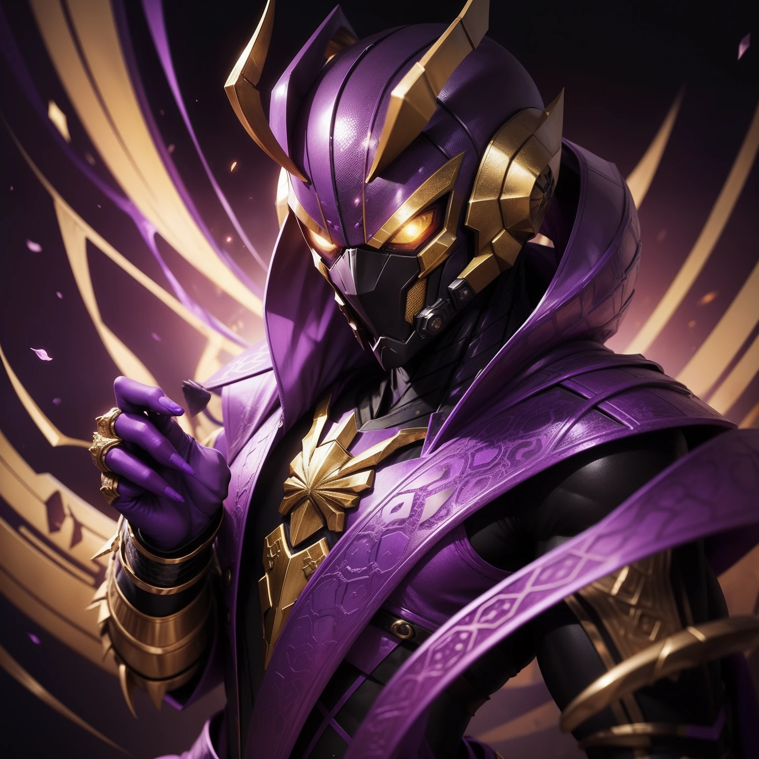 Scorpion head humanoid, with purple metallic effect, e detalhes dourado, Hand with scorpion claw on right hand, left hand of human even, armaduras, com detalhes roxo e dourado.