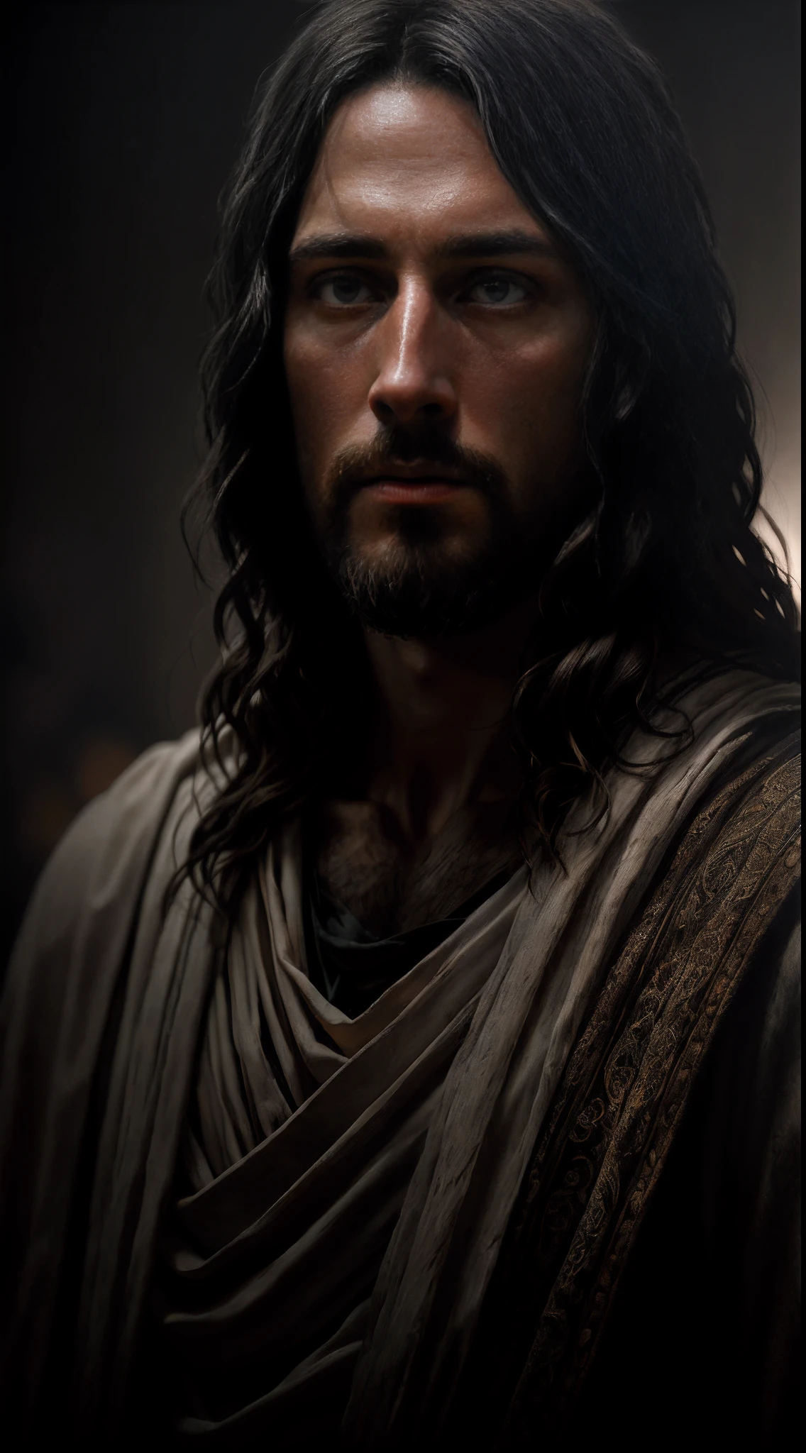 JESUS CHRIST DARK PHOTO: realistic epic, soft cinematic portrait, adobe lightroom, photographic lab, highly detailed, faded, (neutral colors: 1.2), (hdr: 1.4) , (soft colors:1.2), hyperdetailed, (artstation:1.4), cinematic, warm lights, dramatic light, (intricate details:1.1), complex background, (rutkowski:0.66), (blue and orange:0.4)