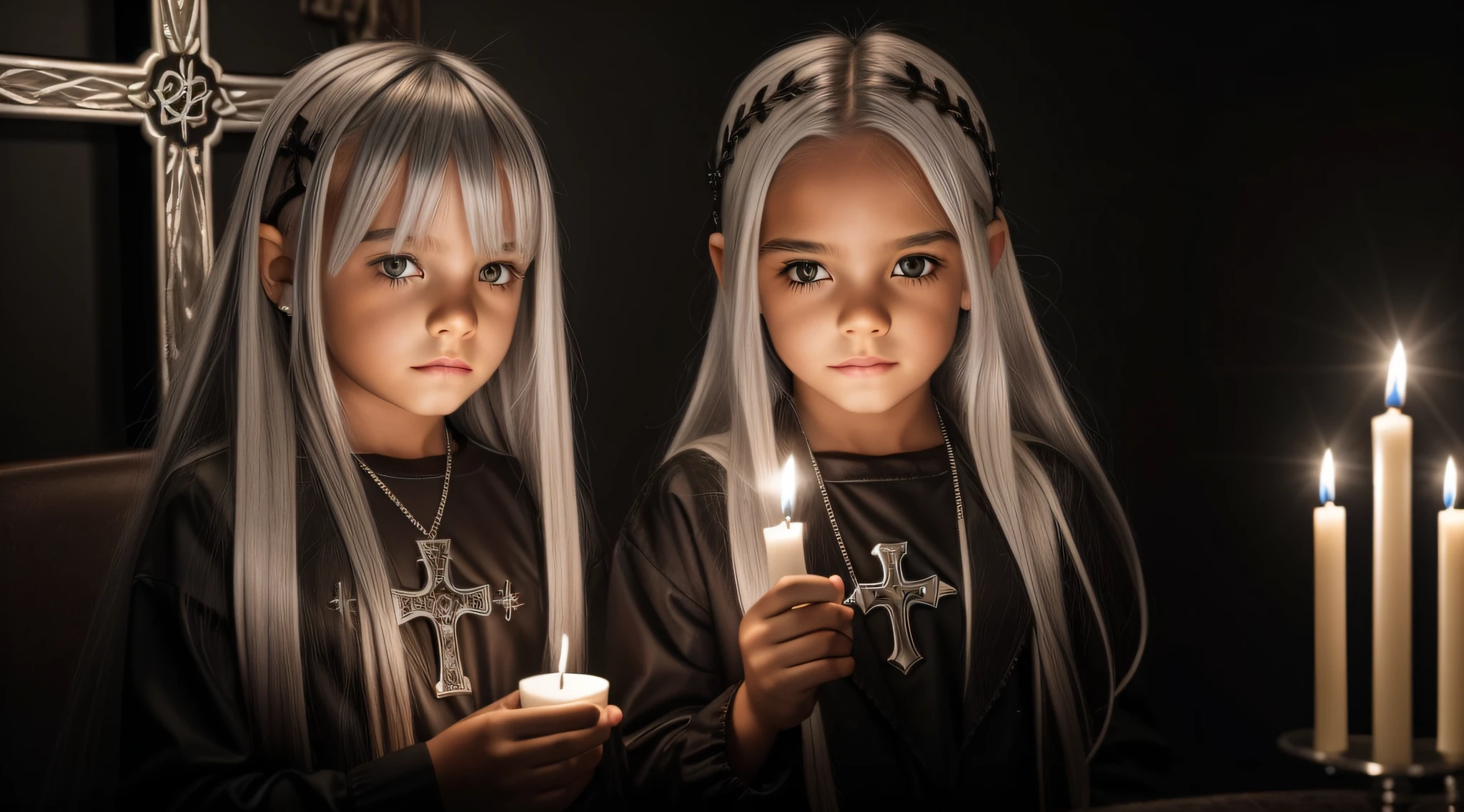 SILVER HAIR KIDS CABELO LONGO, Gothic cross, cruz, CROSSES WITH LIT CANDLES in hand.