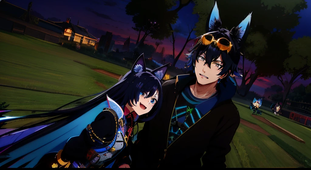 anime characters dressed in black and blue standing in a field, vrchat, hidari and vlop, one blue ) and huge bat ears, nixeu and sakimichan, second life avatar, john egbert, blue and black, with blue skin, sakimichan and frank franzzeta, tumblr, imvu, happy!!!, 8k!!