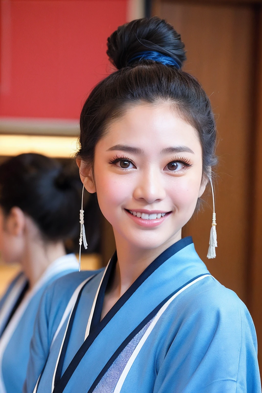 (extra detailed body、extra detailed face、best qualtiy:1.2)、femele、looking at the viewers、(Awa Odori、a smile)、(Koenji in the background:1.4)