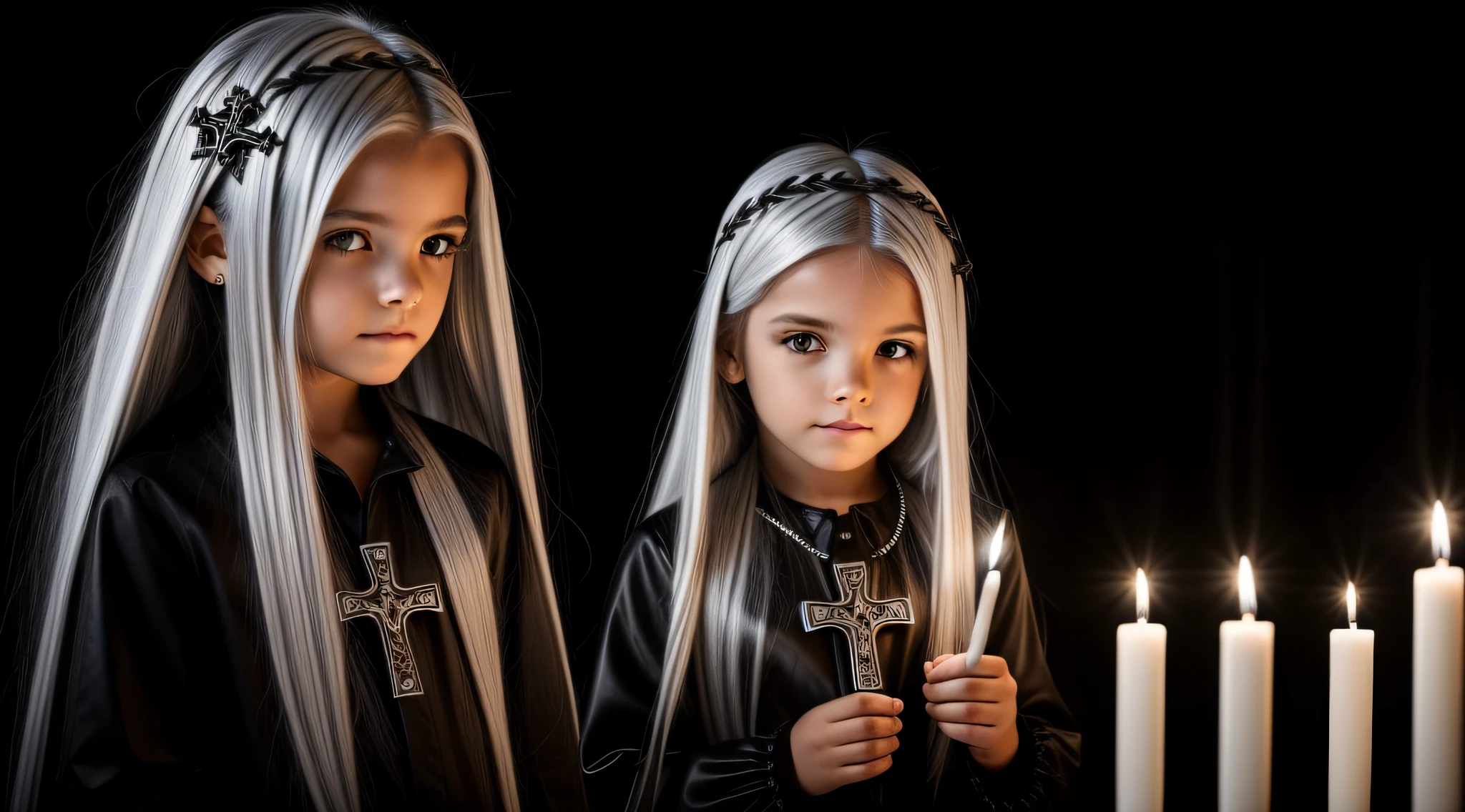 SILVER HAIR KIDS CABELO LONGO, Gothic cross, cruz, CROSSES WITH LIT CANDLES in hand.