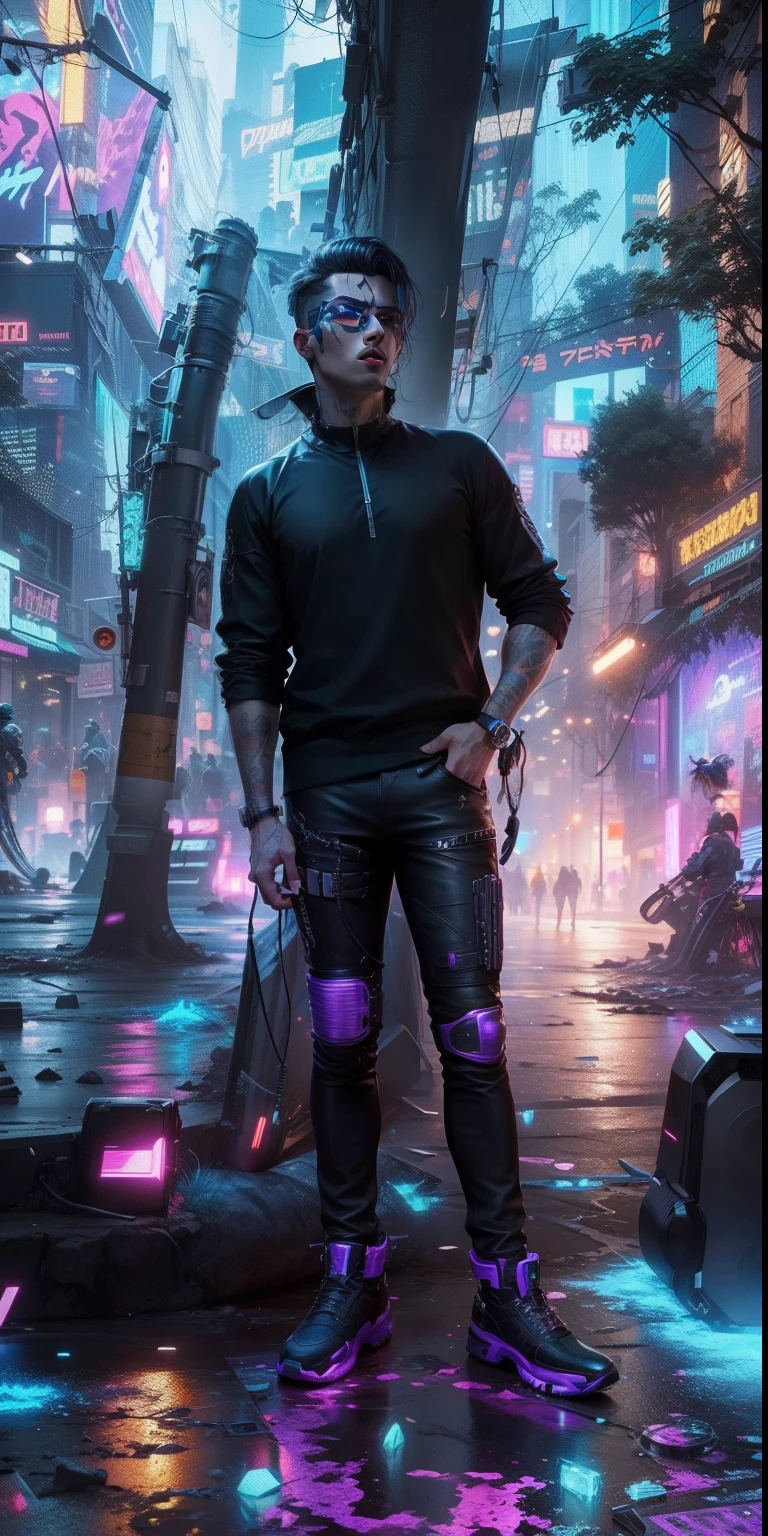 Change background cyberpunk handsome boy realistic face. Rockstar singing 8k ultra realistic