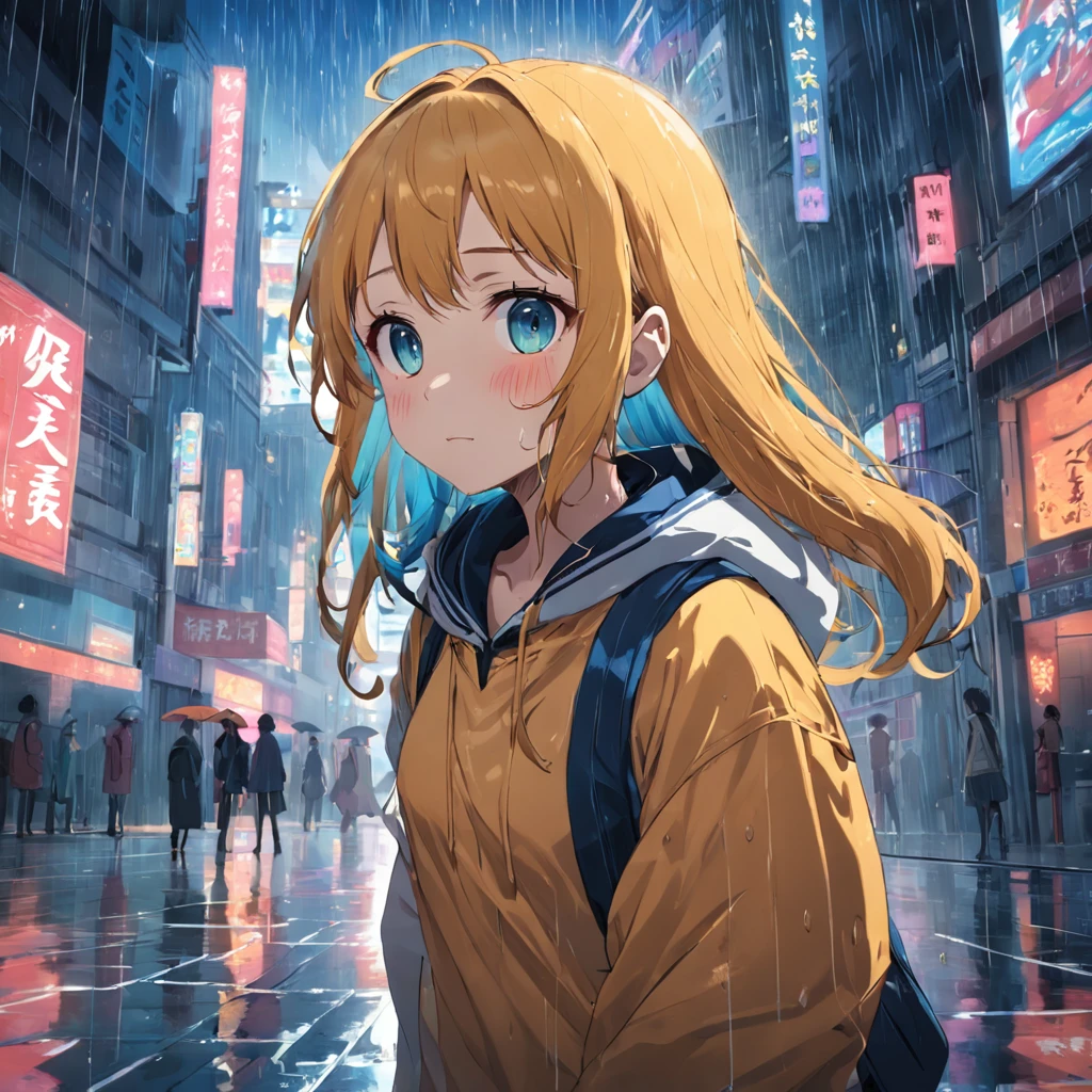 a high-school girl enjoying the rain