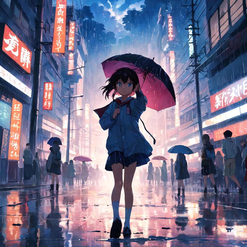 a high-school girl enjoying the rain