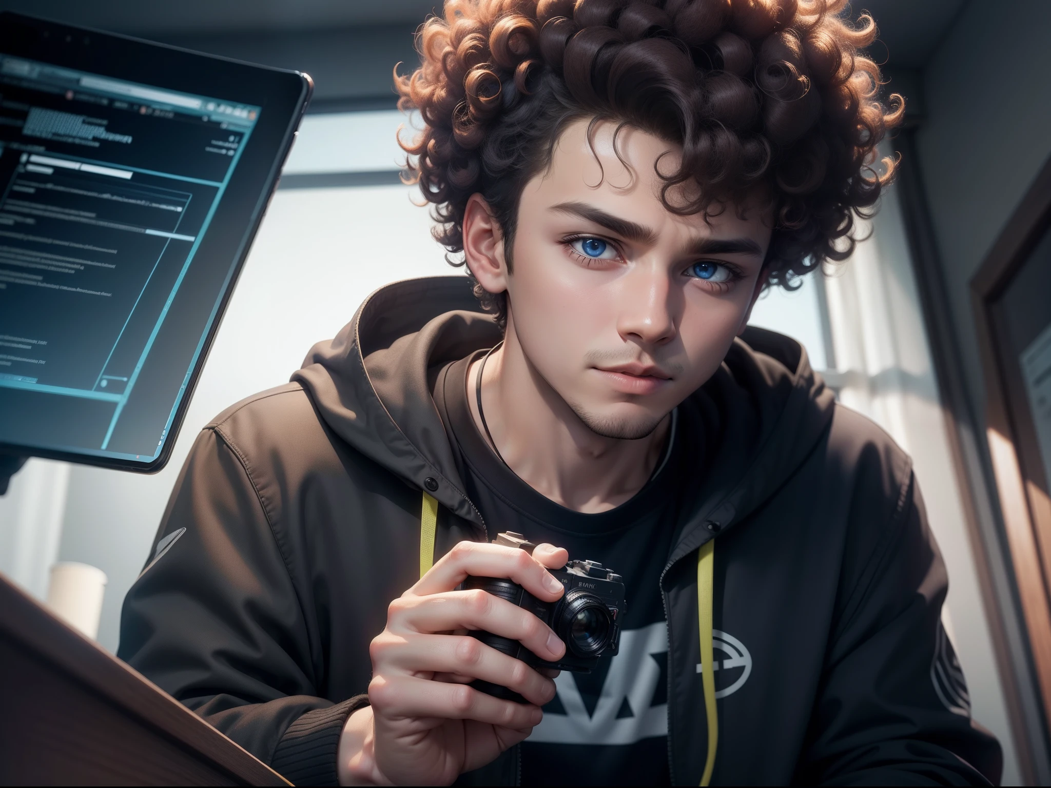 a boy is studying before a camera , cyber prank electrical and data science background, 8k, ultra, extreme cyber prank, curly hair, with intelligence appearance