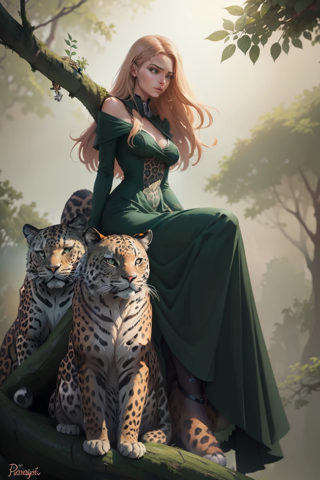 Picture of a woman in a green dress, sitting on a tree branch with two leopards, beautiful digital illustration, in style of digital illustration, jen bartel, stunning digital illustration, beautiful illustration, Anton Fadeev, exquisite digital illustration, Simon Ushakov, digital fantasy illustration, alena aenami and artgerm, realistic fantasy illustration