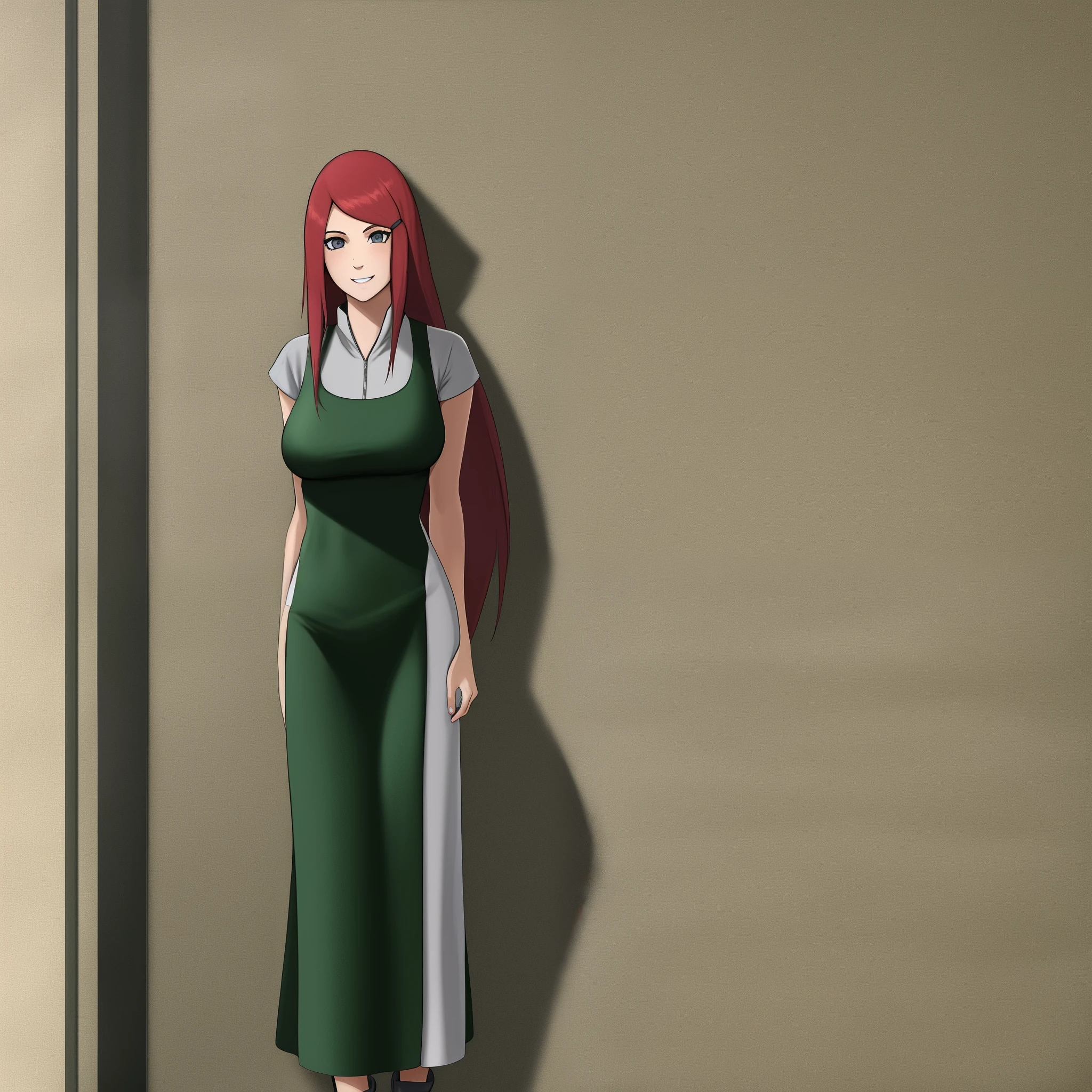 uzumaki_kushina, large_breasts, standing, solo, kushina_green_dress, masterpiece, best quality, detailed face, detailed eyes, highres, smile, happy, point of view, hidden leaf village, standing straight,