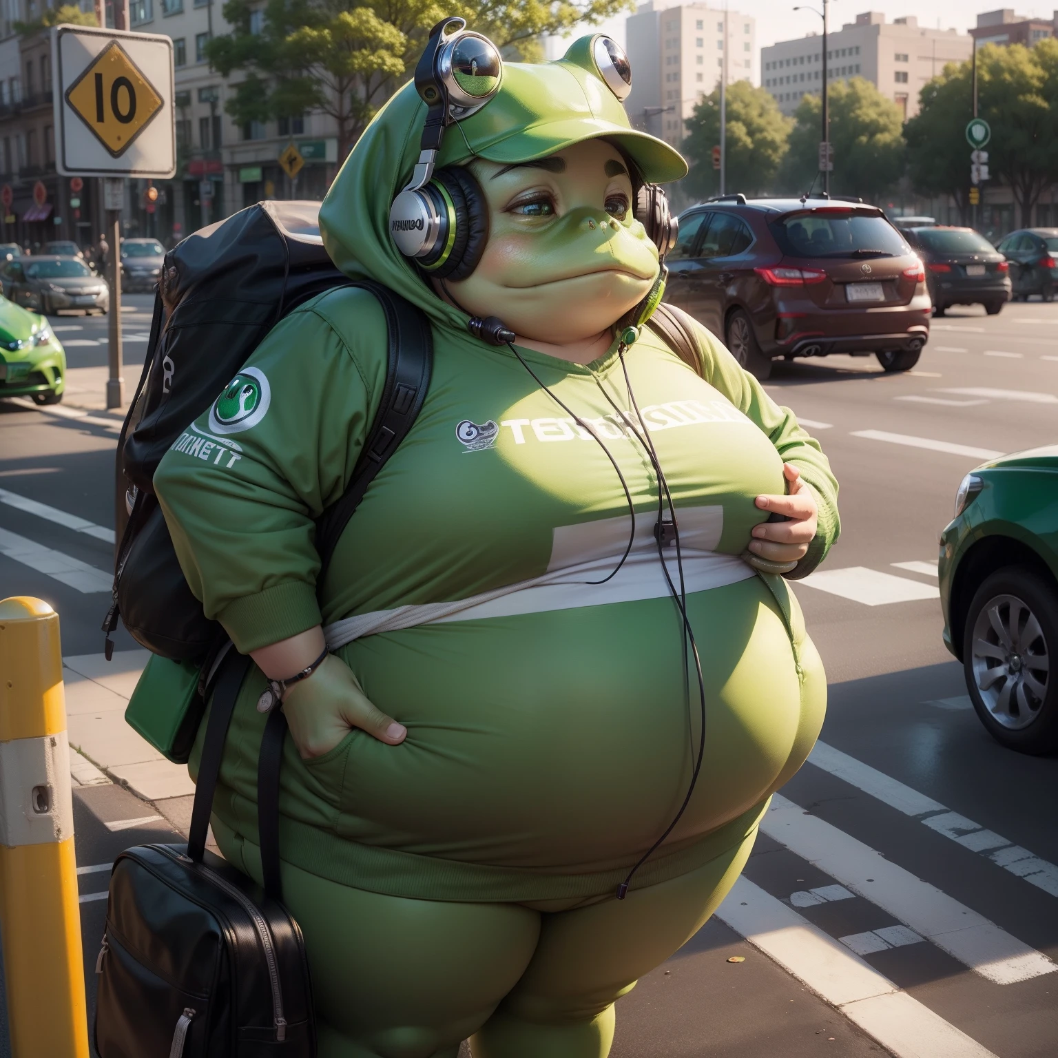 Masterpiece green frog with headphones, fatness,traffic light