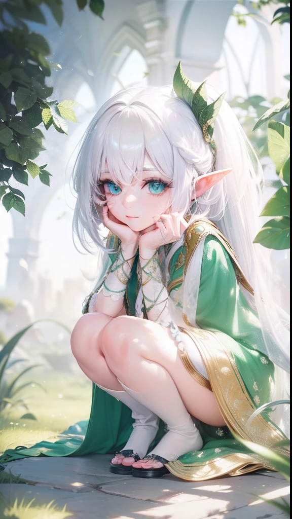 Beautiful elf woman with white hair and green locks with the best quality best effects best shadows best lighting 8k ultra HD super realistic