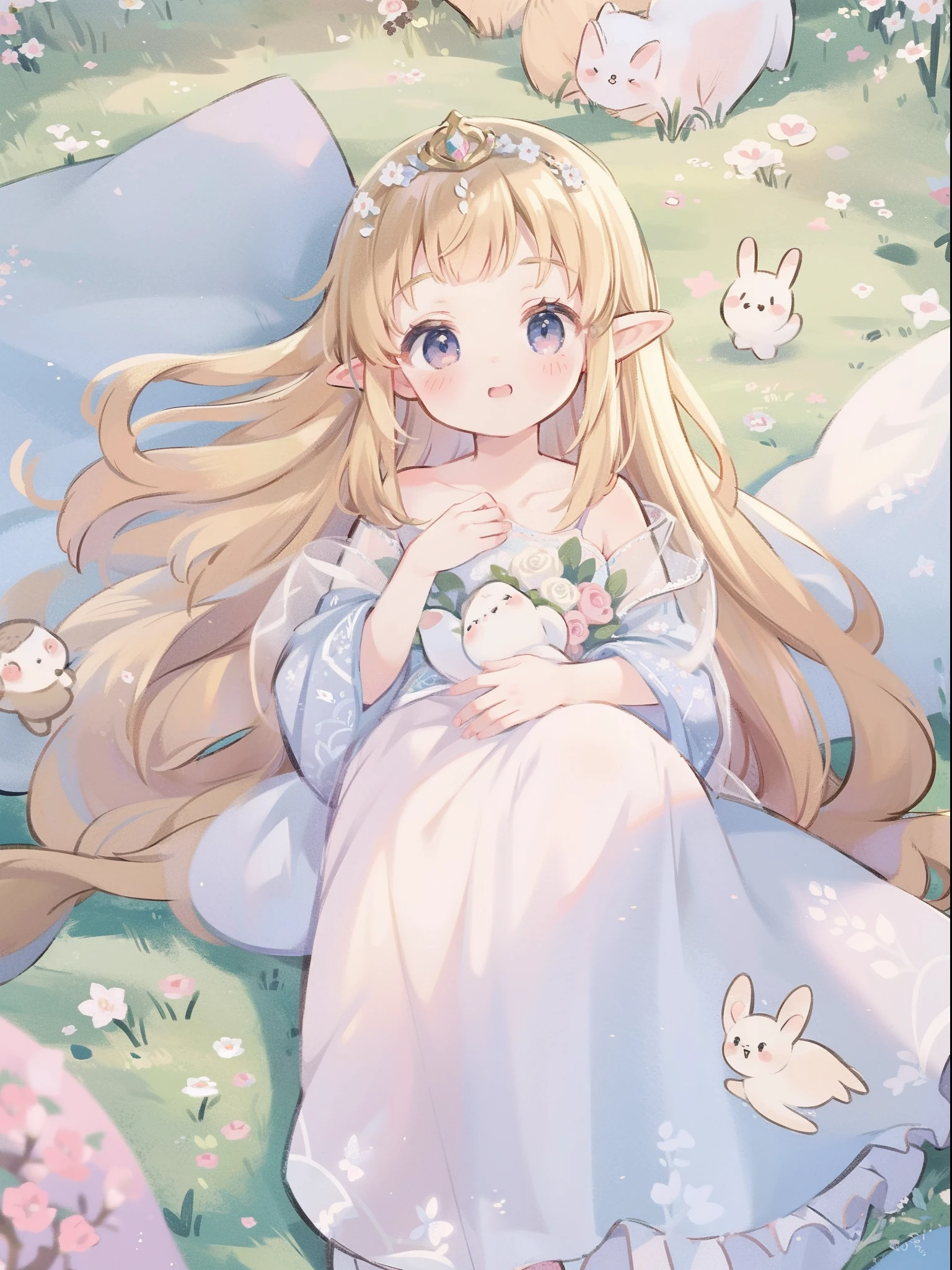 high high quality，tmasterpiece，Delicate facial features，Delicate hair，Delicate eyes，Delicate hair，animemanga girl，deer antlers，florals, Dreamy style, Fantastic flower garden，fantasy style clothing,Romantic dress,  beautiful and elegant elf queen, a beautiful fantasy empress, Fantasy art style, ((a beautiful fantasy empress)), Anime fantasy illustration, high priestess, fey queen of the summer forest, anime art nouveau, goddess of the forest, portrait of an elf queen, A beautiful artwork illustration，8K high quality detailed art（Delicate facial portrayal）（Fine hair depiction）（highest  quality）（Master masterpieces）（High degree of completion）（a sense of atmosphere）8k wallpaper，tmasterpiece，Best quality at best，ultra - detailed
